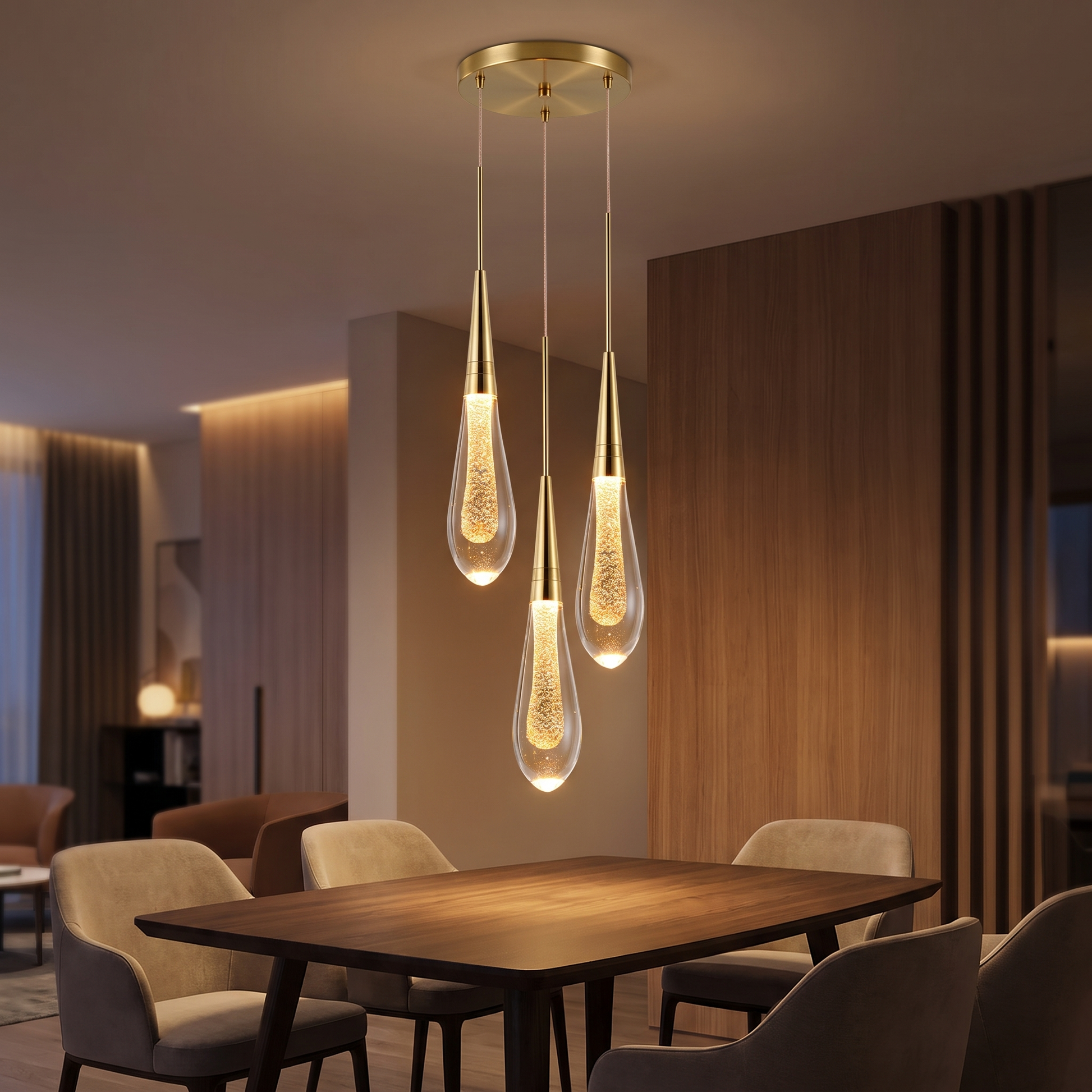 Postmodern crystal pendant light with warm light above a dining table
