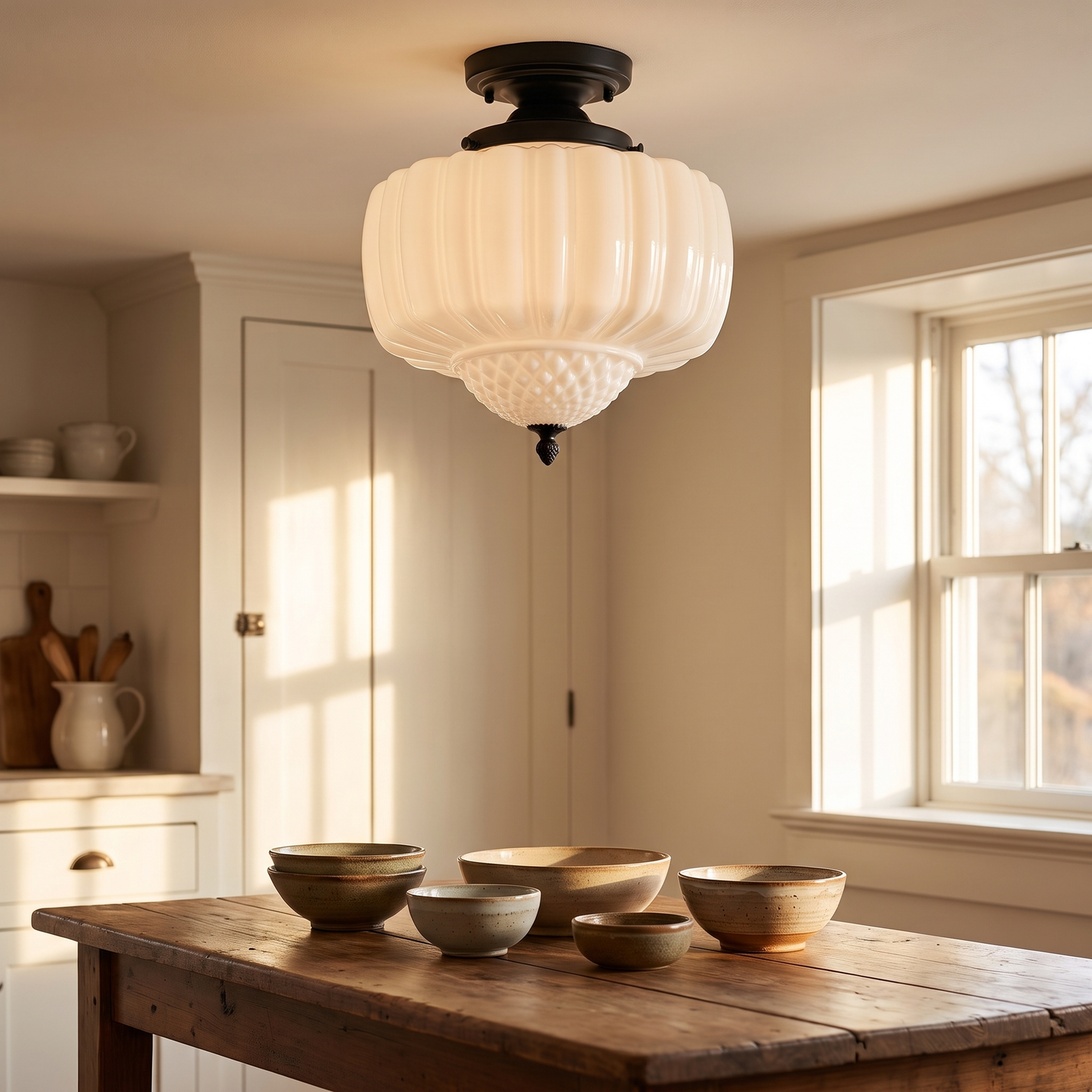 Marlo vintage French glass ceiling light in a country style kitchen