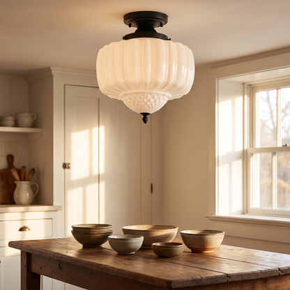 Marlo vintage French glass ceiling light in a country style kitchen