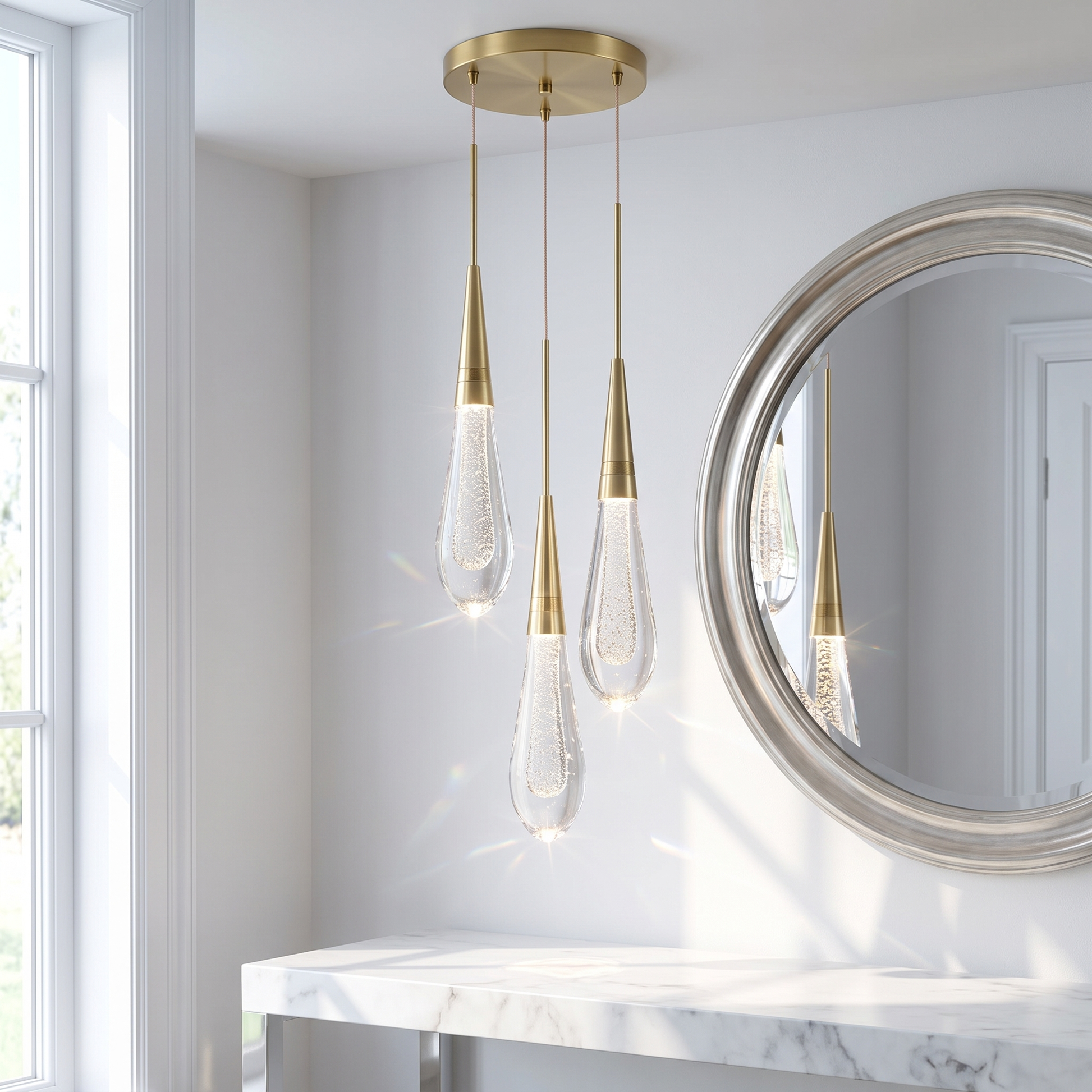 Postmodern crystal pendant light in a bright entryway