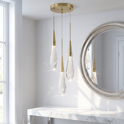 Postmodern crystal pendant light in a bright entryway