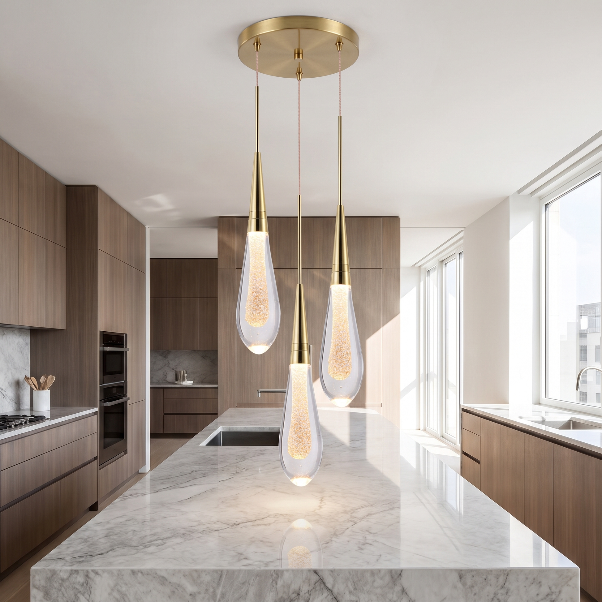 Postmodern crystal pendant light over a kitchen island