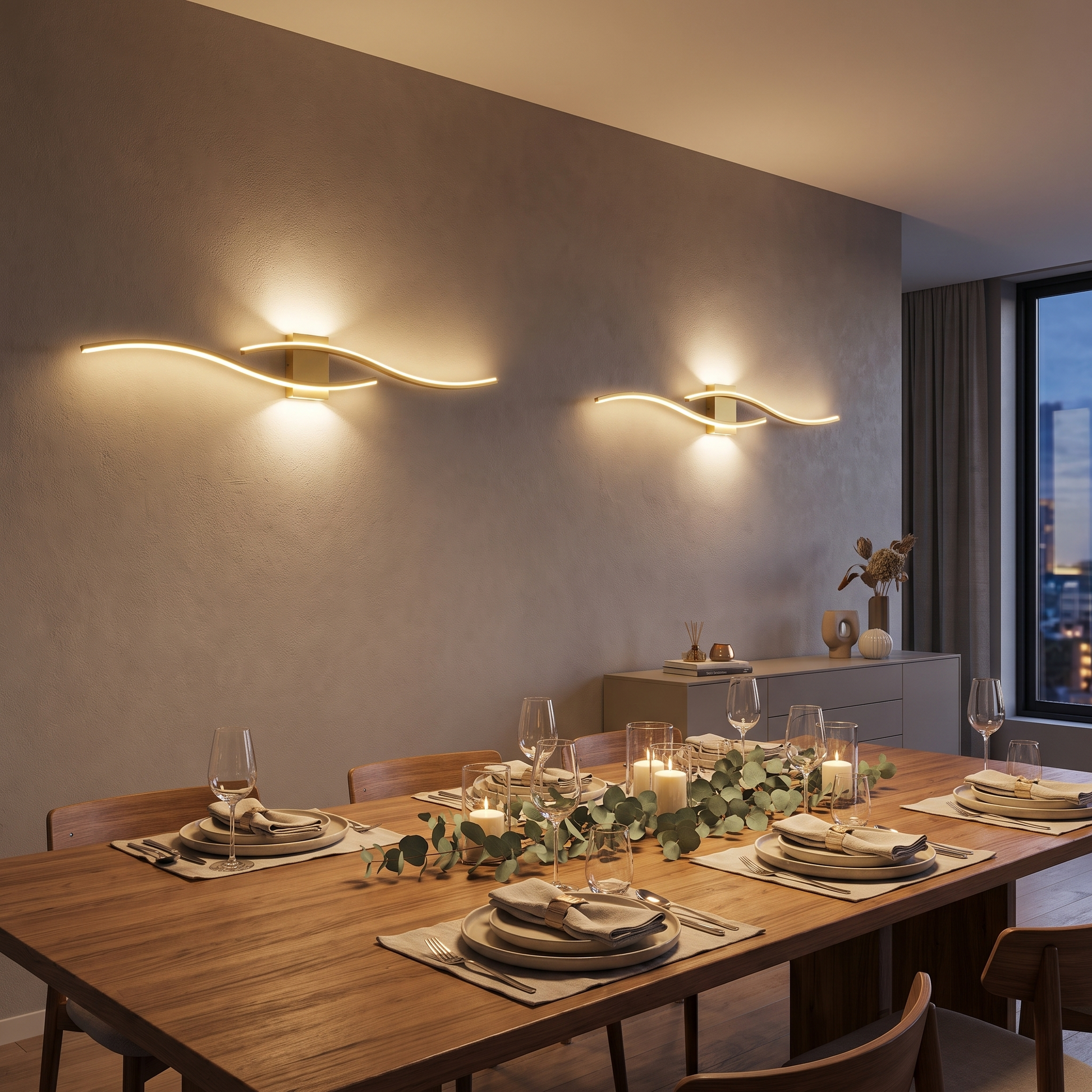 Pair of LED wave wall sconces in a modern dining room