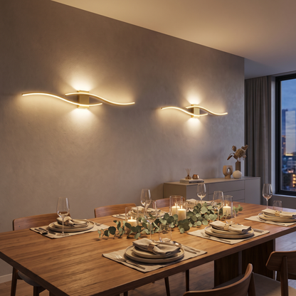 Pair of LED wave wall sconces in a modern dining room