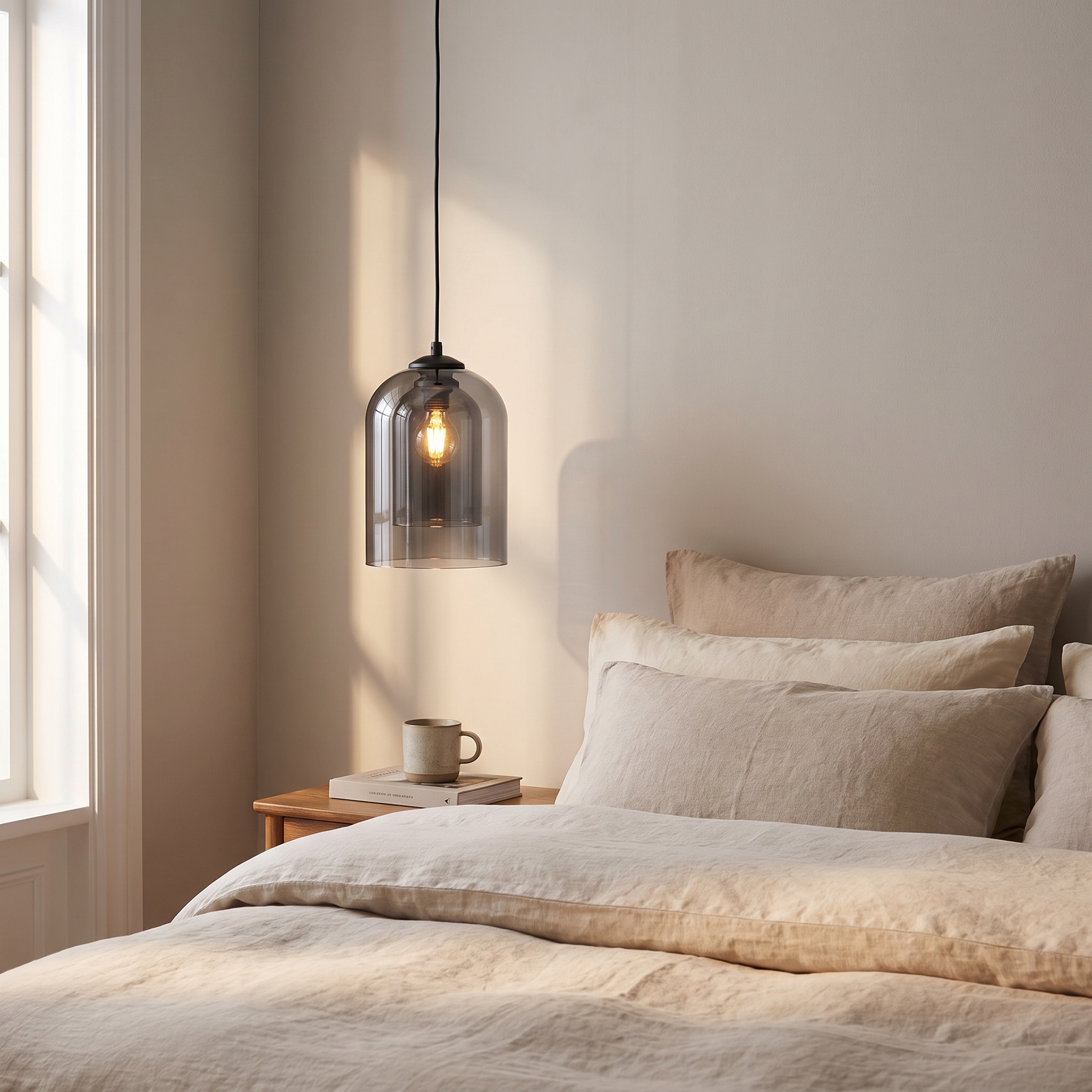 Smoky grey glass pendant light beside a bed