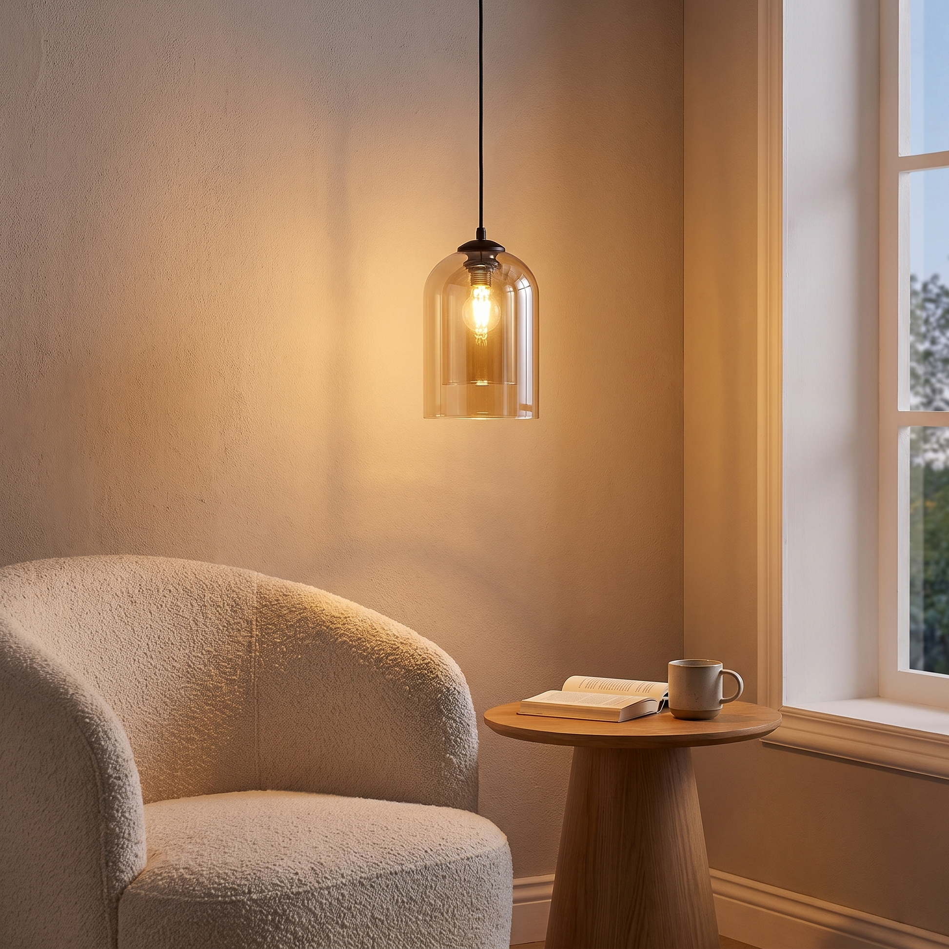 Glass pendant light in a living room reading corner