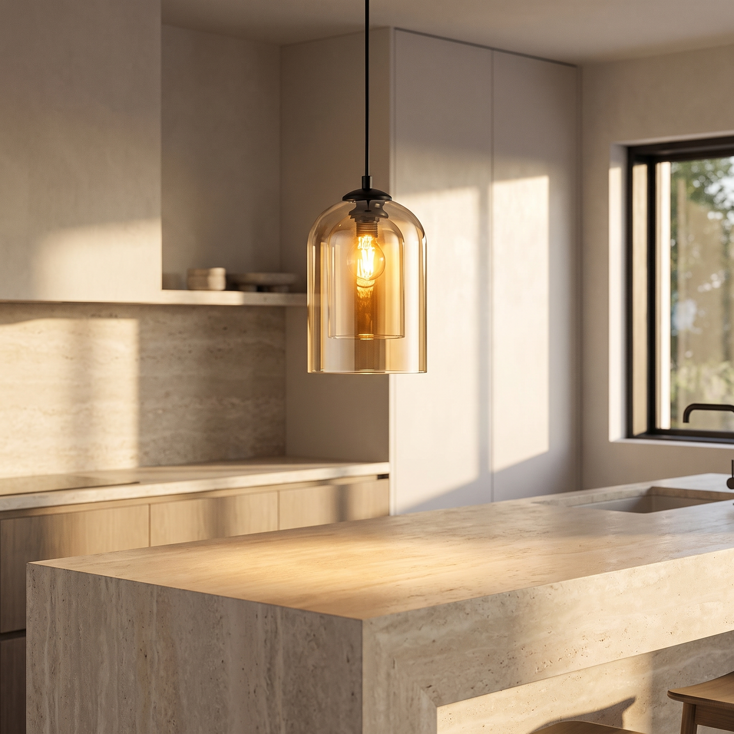 Amber glass pendant light above a kitchen island