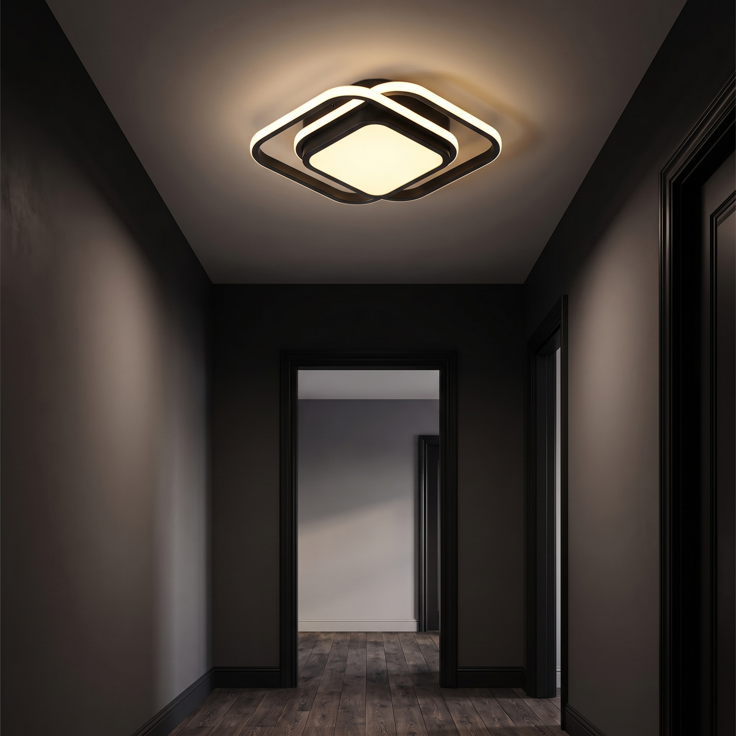 Square all black minimalist ceiling light in a hallway