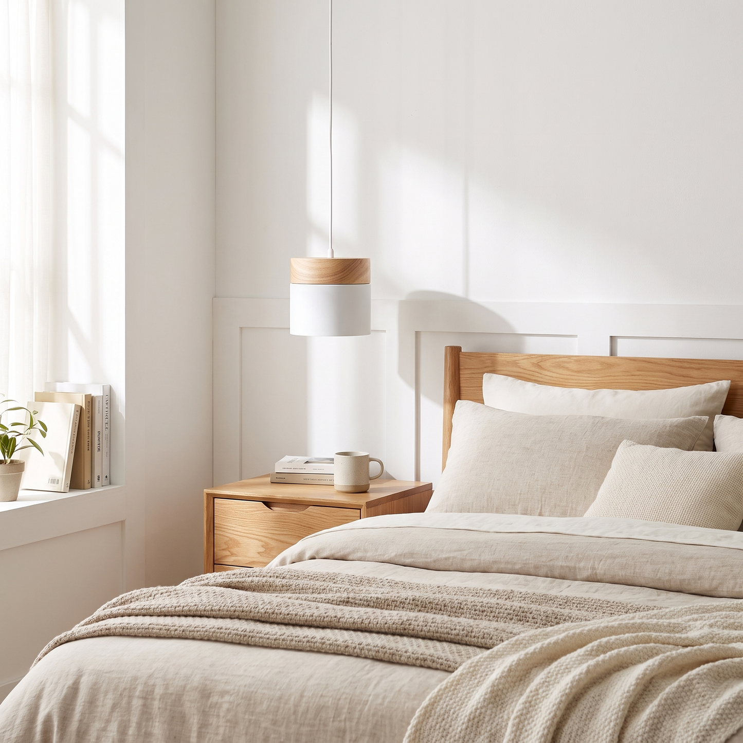 White solid wood pendant light in a Scandinavian bedroom