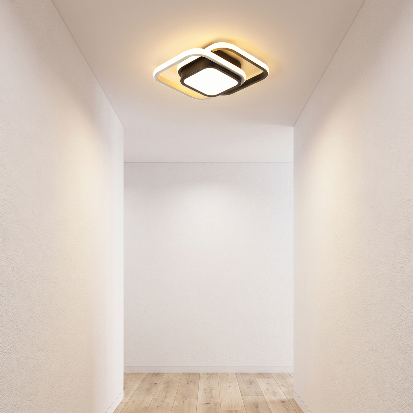 Round white and black minimalist ceiling light in a corridor