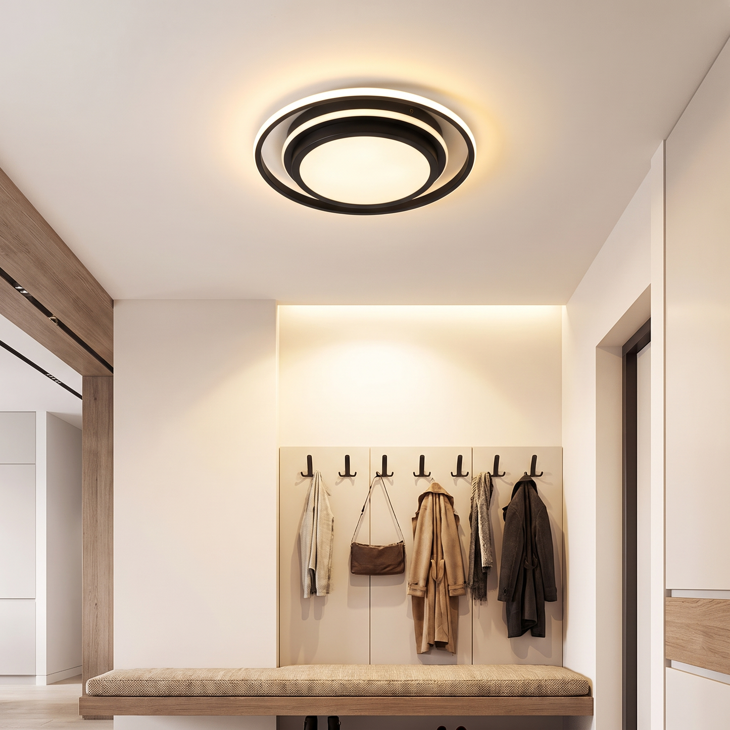 Round all black minimalist ceiling light in an entryway