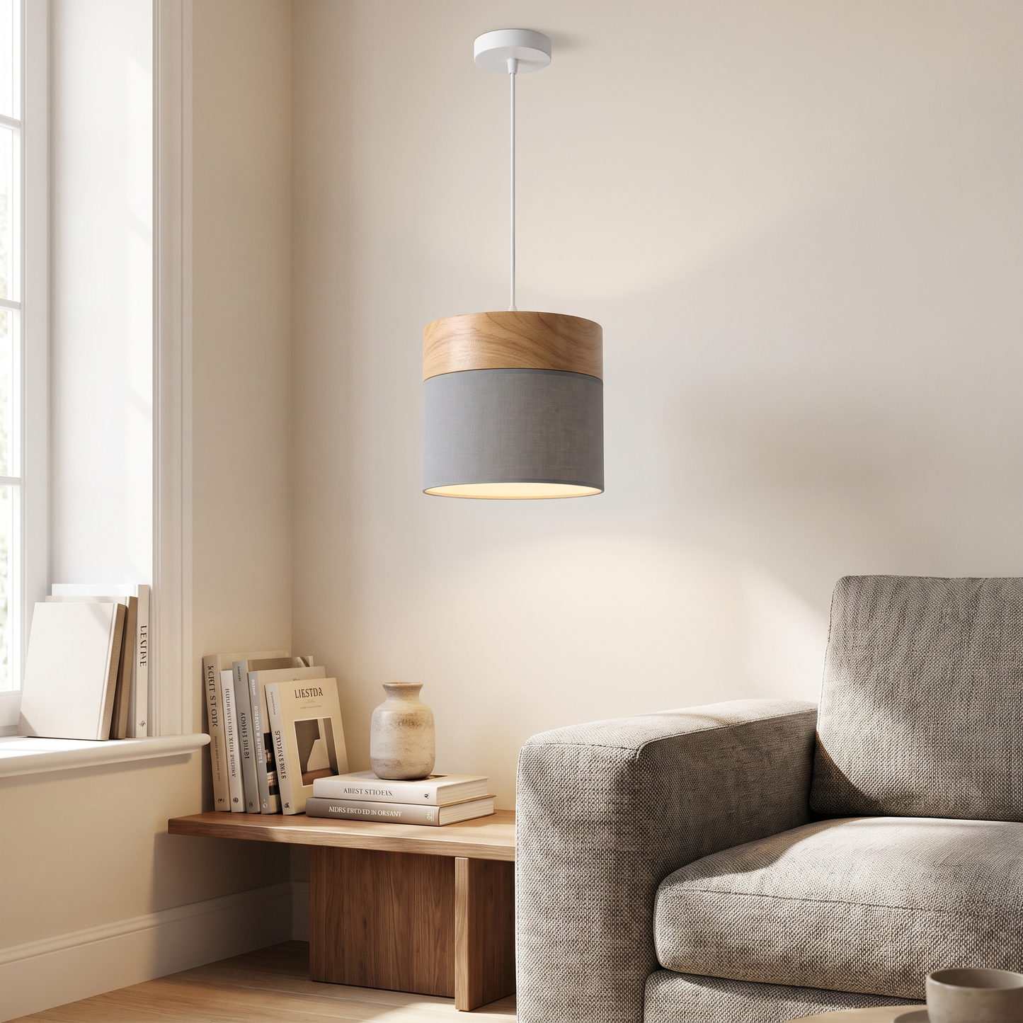 Grey solid wood pendant light in a living room