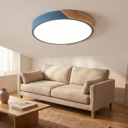 Blue wooden-design LED ceiling light in a Nordic living room