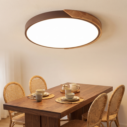 Brown wooden-design LED ceiling light in a dining area