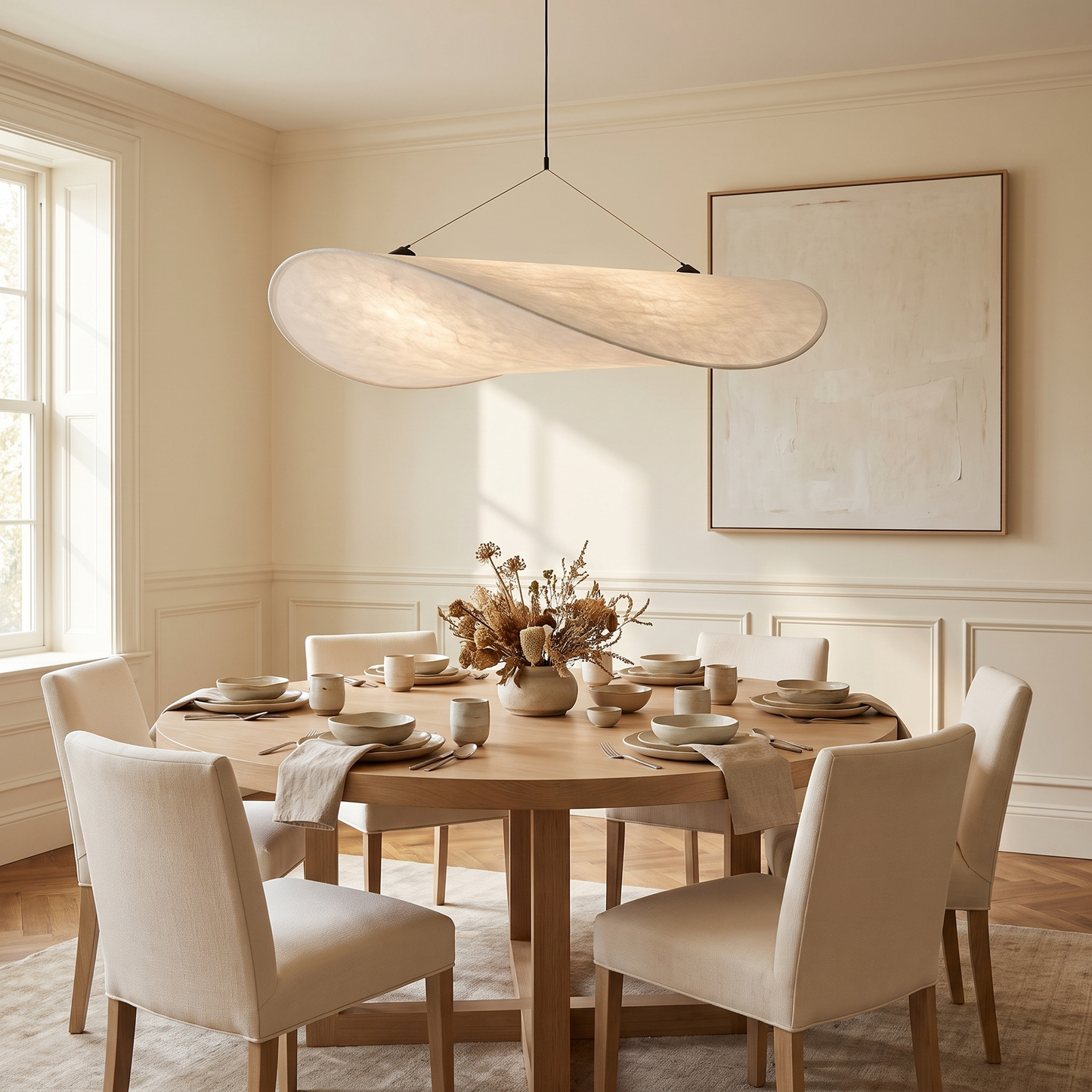 Silk Glow chandelier above a round dining table