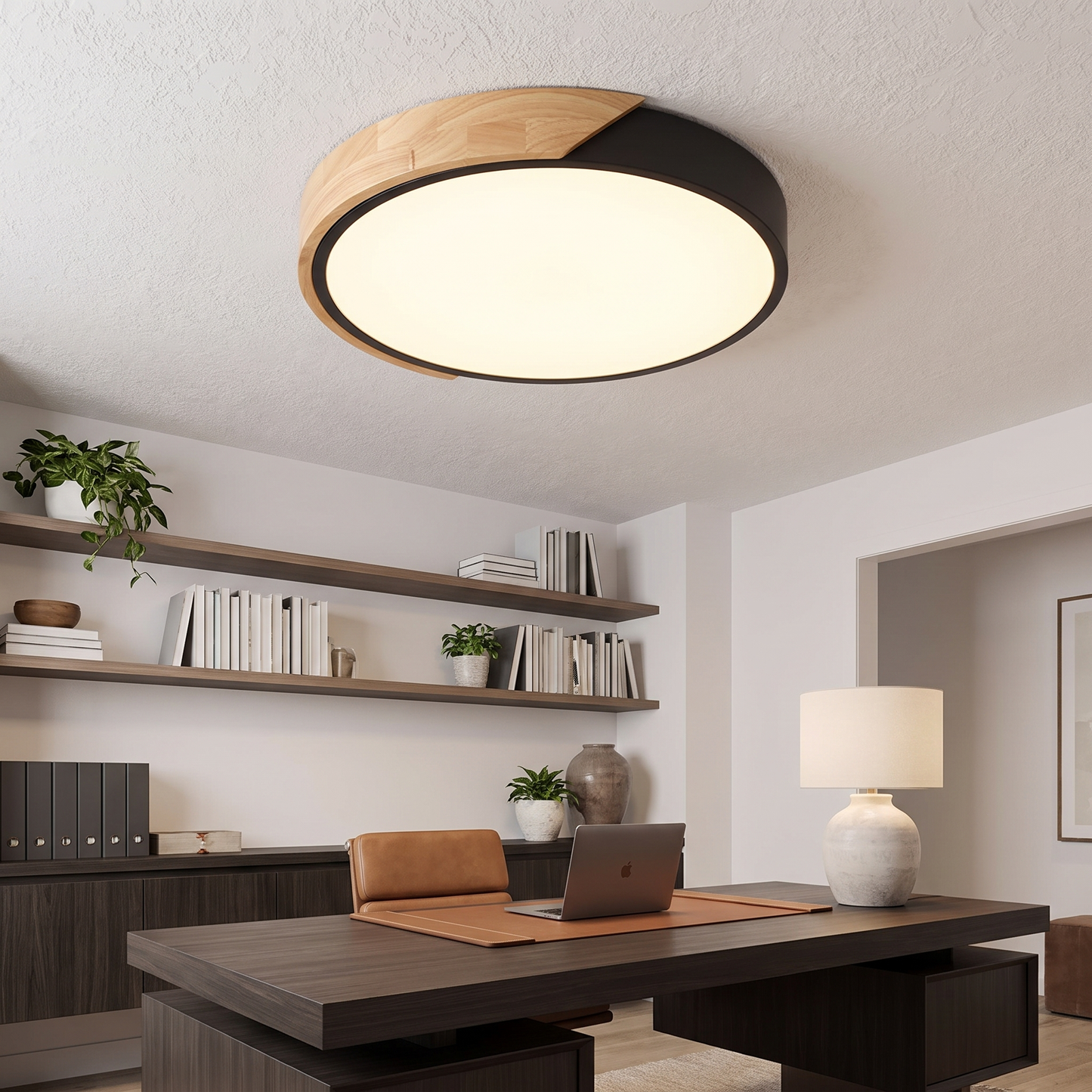 Black wooden-design LED ceiling light in a home office