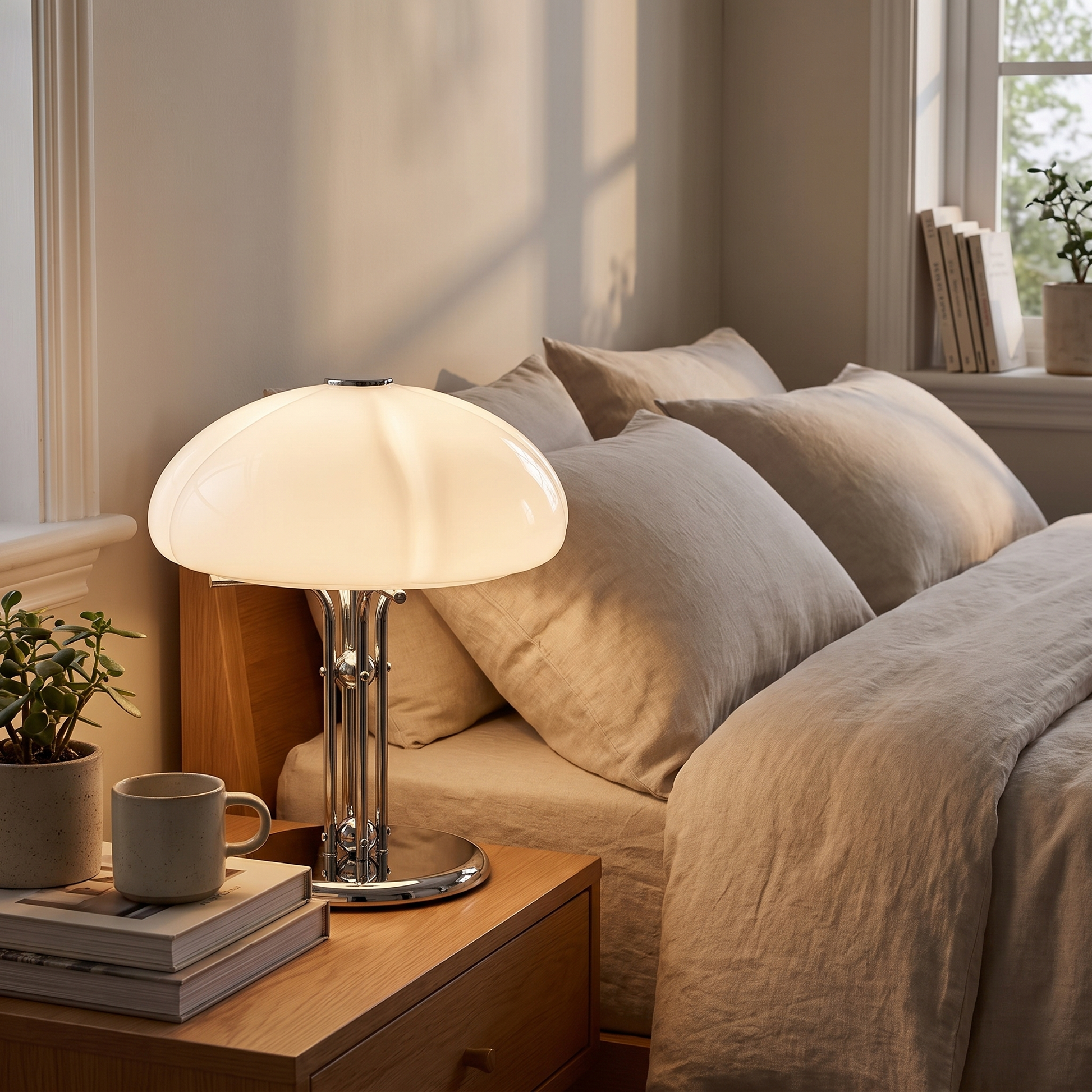White pumpkin table lamp on a bedside table