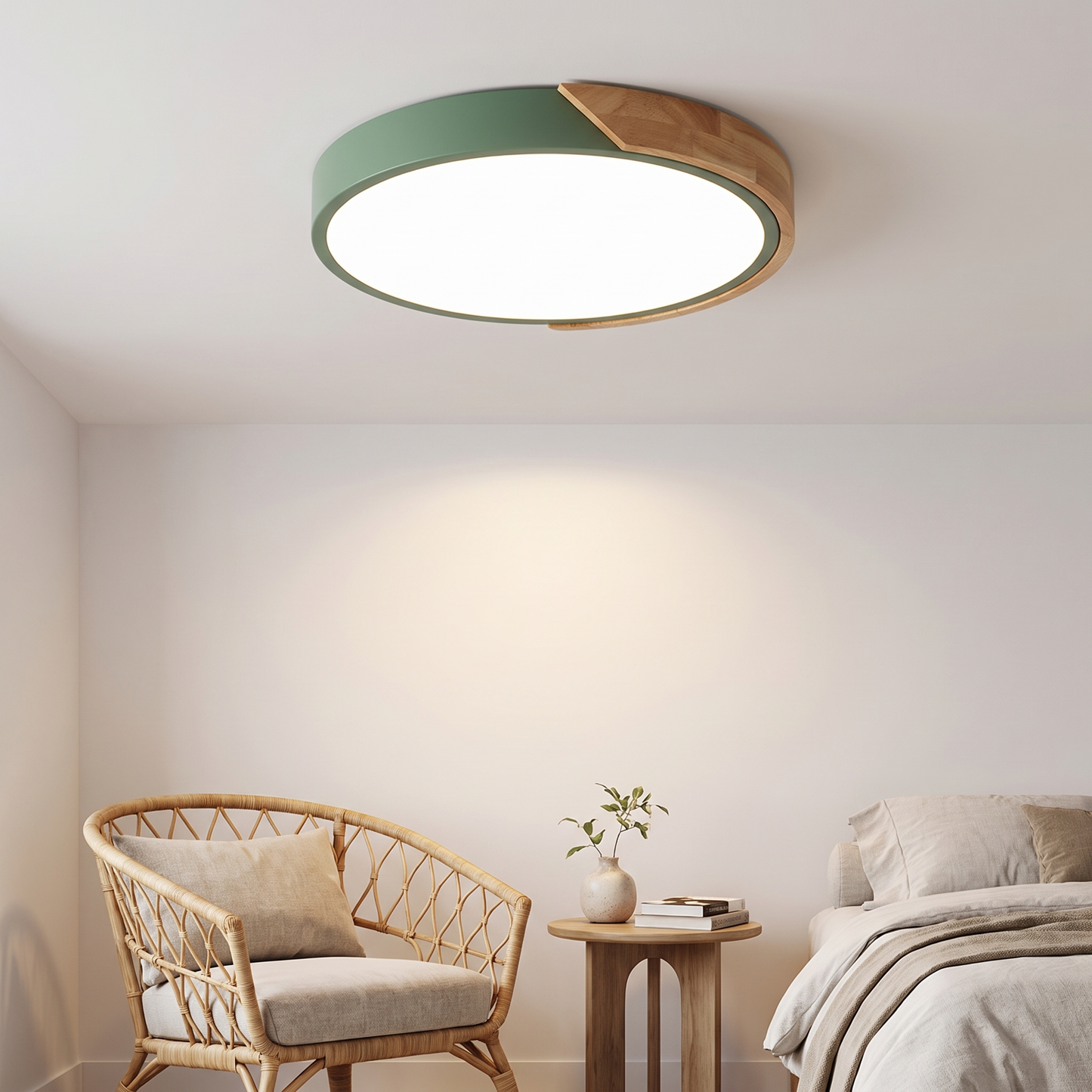 Green wooden-design LED ceiling light in a bedroom