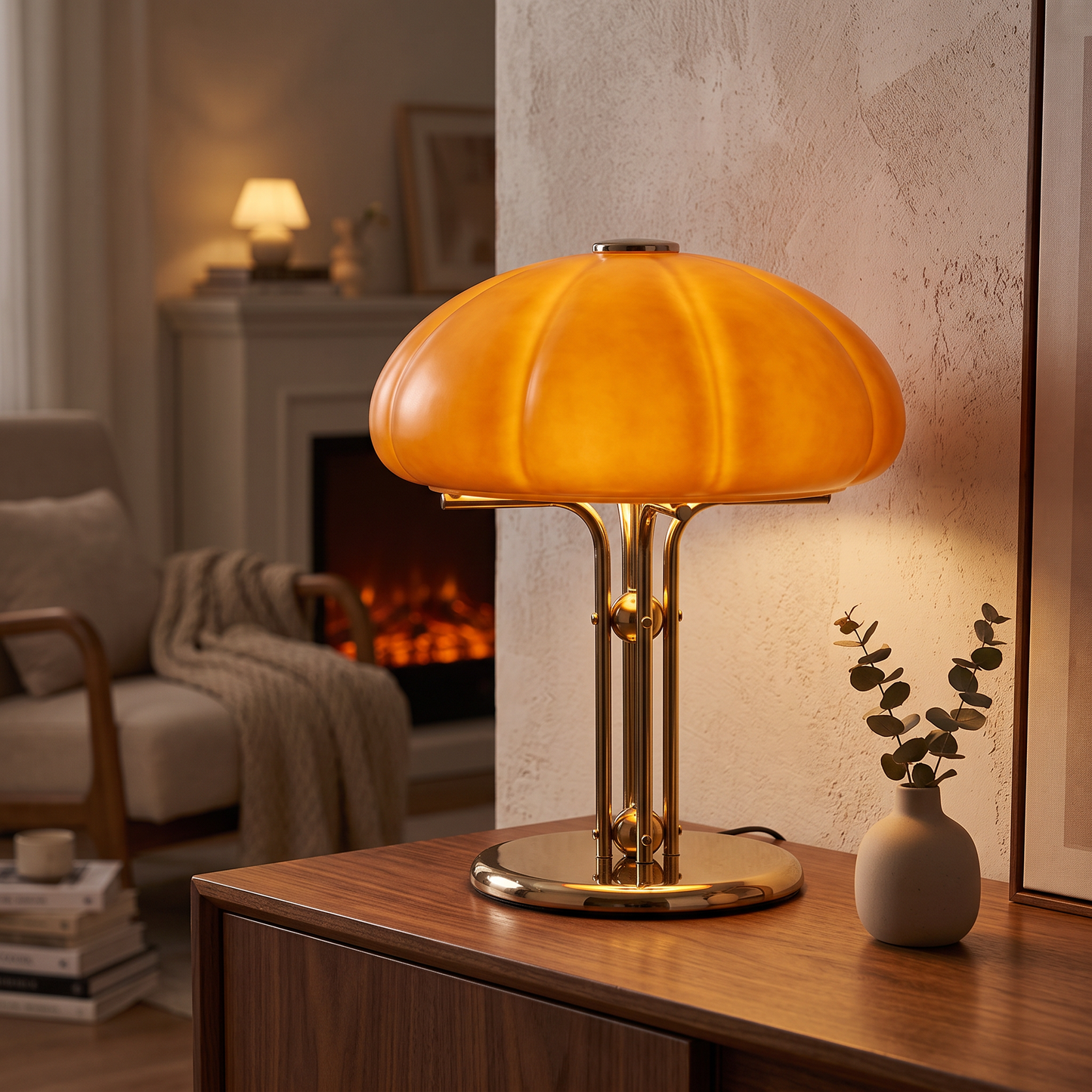 Orange pumpkin table lamp on a walnut console