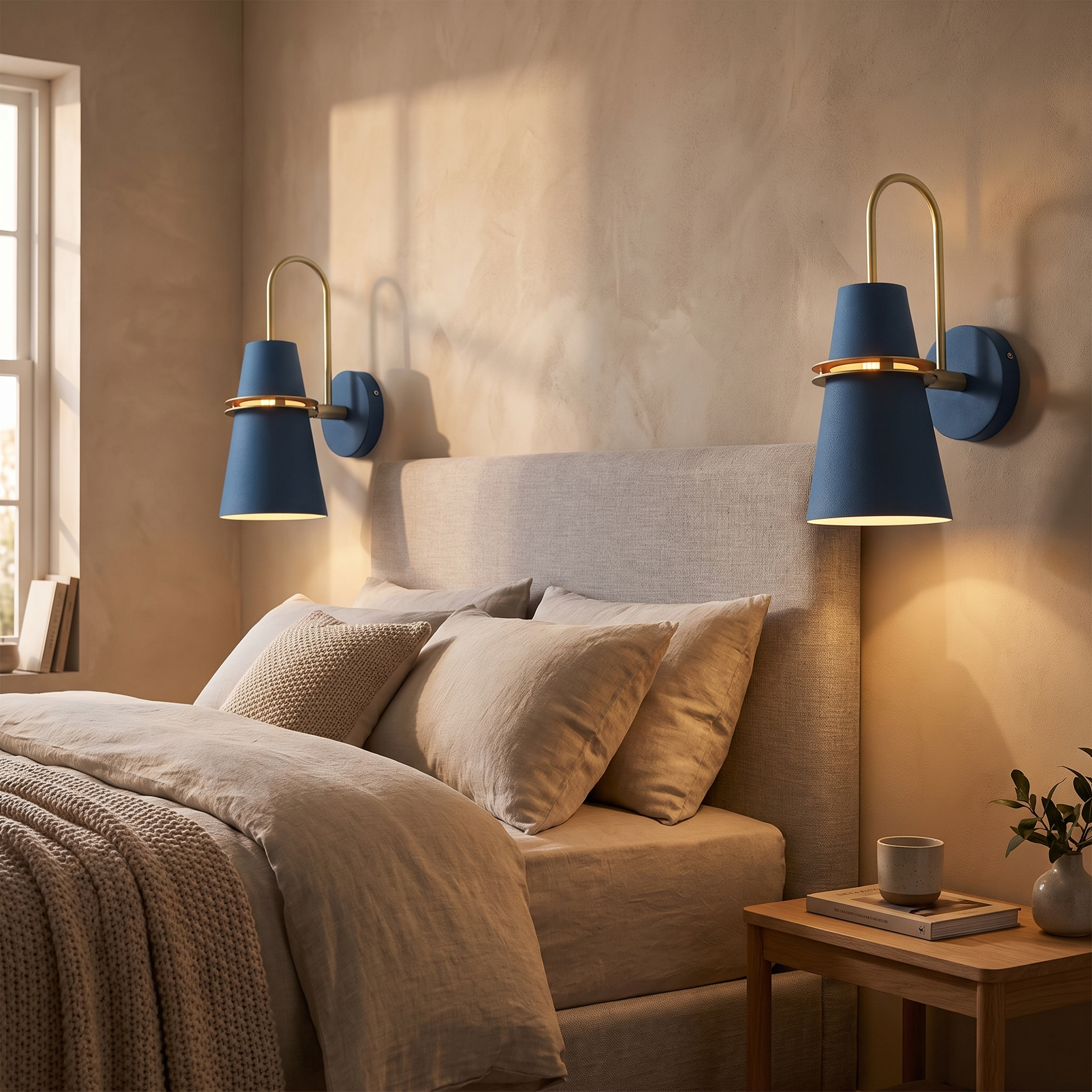 Pair of Nordic wall sconces either side of a bed