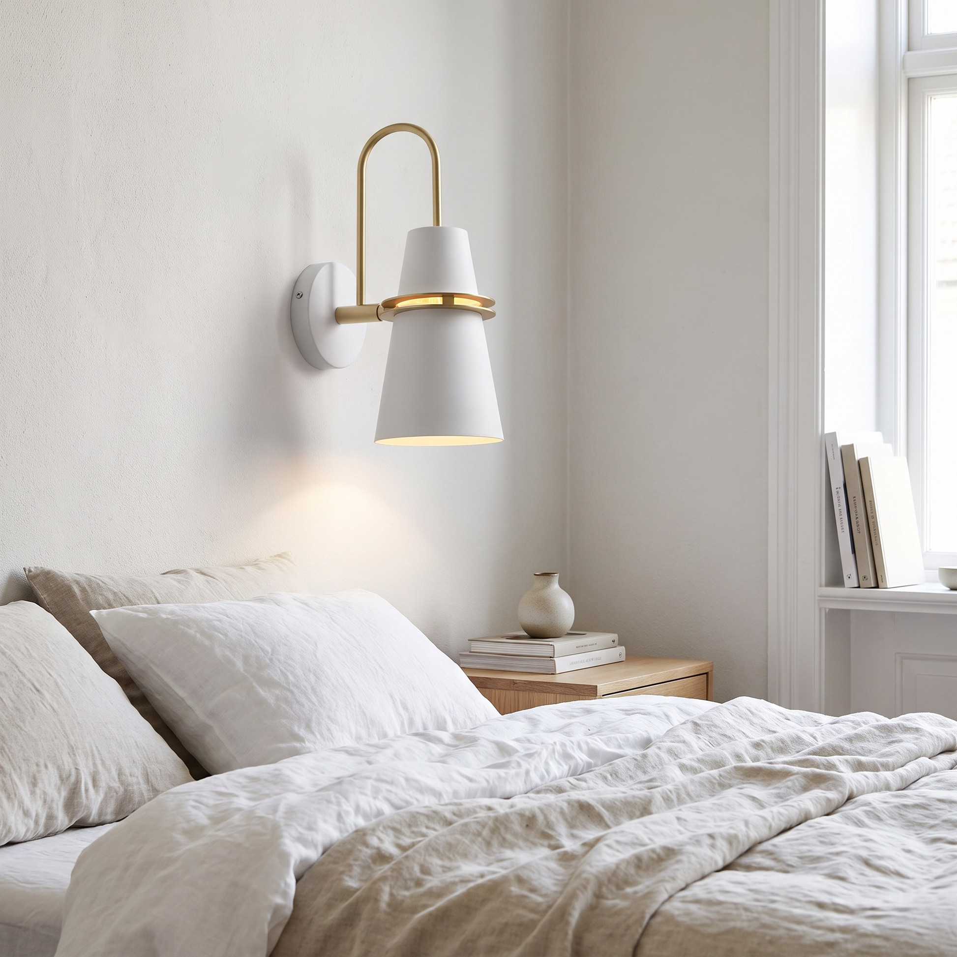 White Nordic wall sconce beside a bed