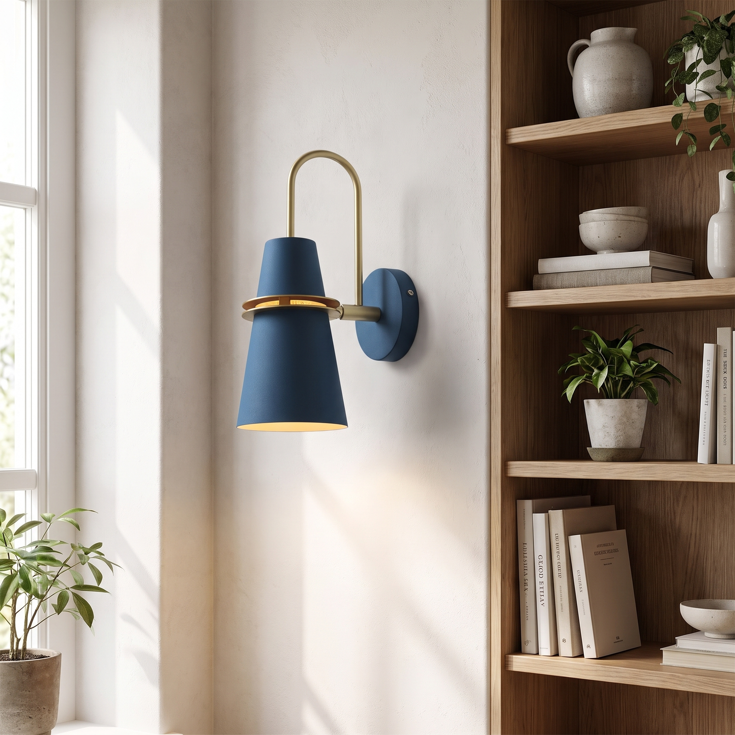 Deep space blue Nordic wall sconce in a study