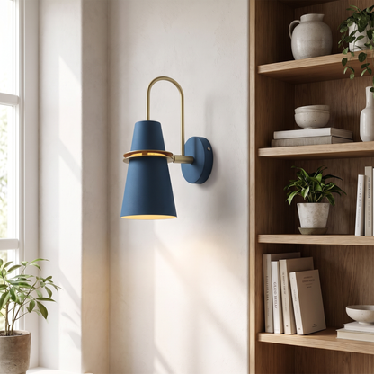 Deep space blue Nordic wall sconce in a study