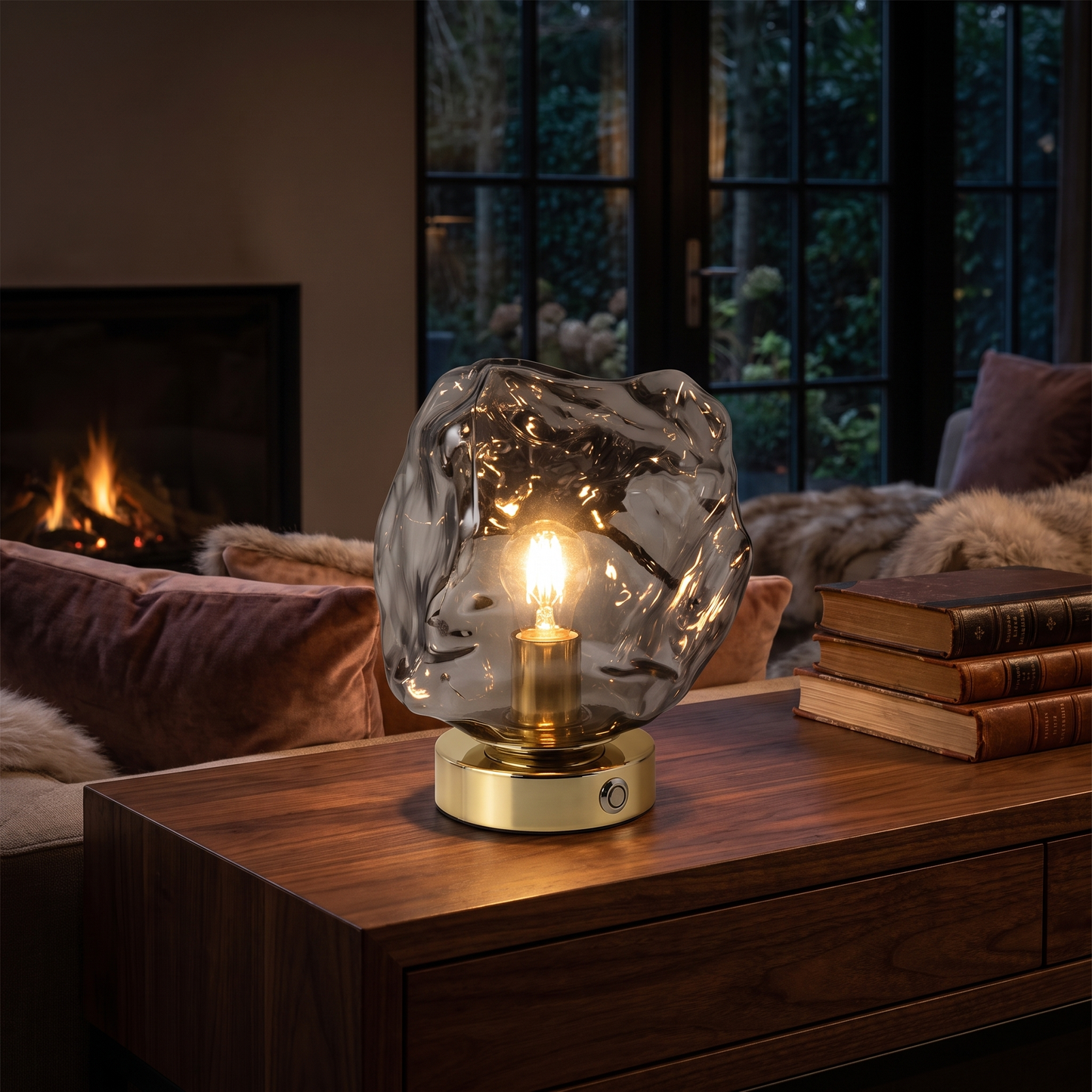 Smoky grey lava stone glass table lamp on a dark console