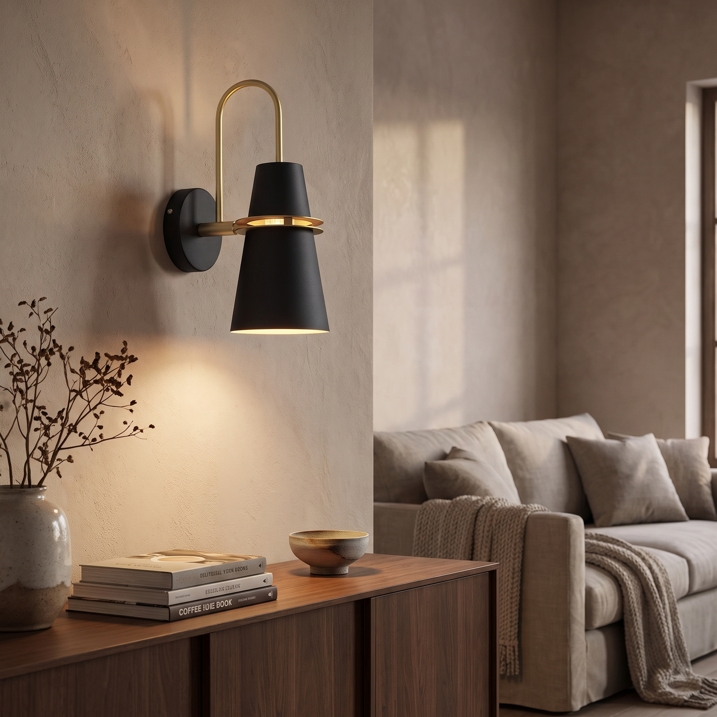 Black Nordic wall sconce in a living room