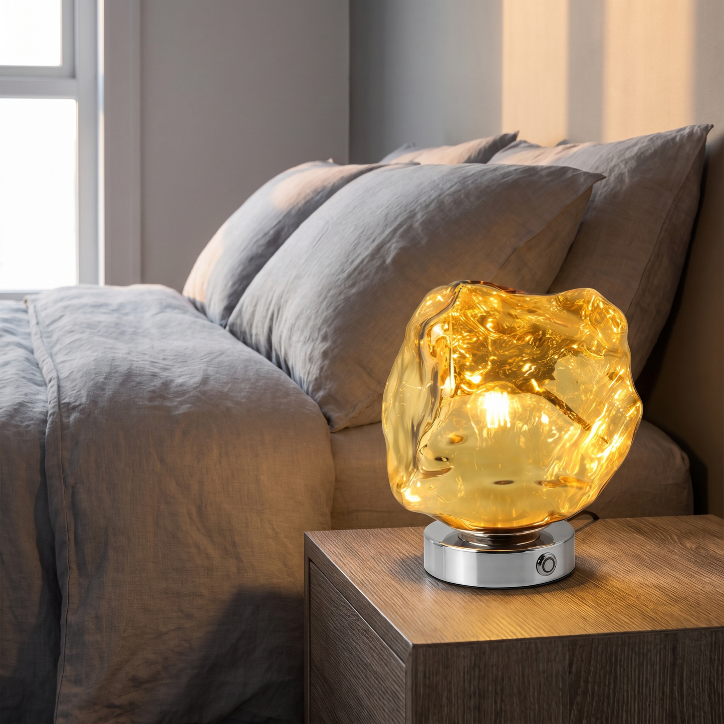 Silver lava stone glass table lamp on a bedside table