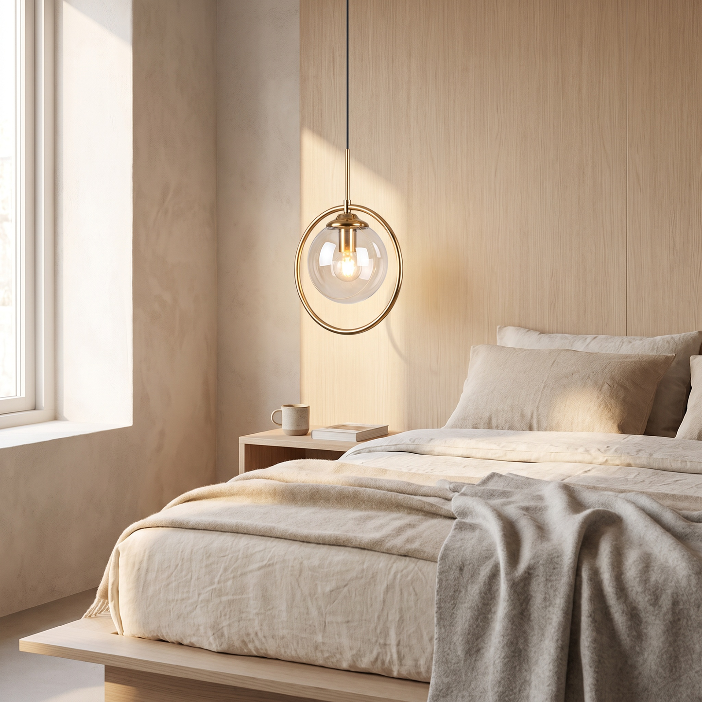 Single clear glass pendant light beside a bed