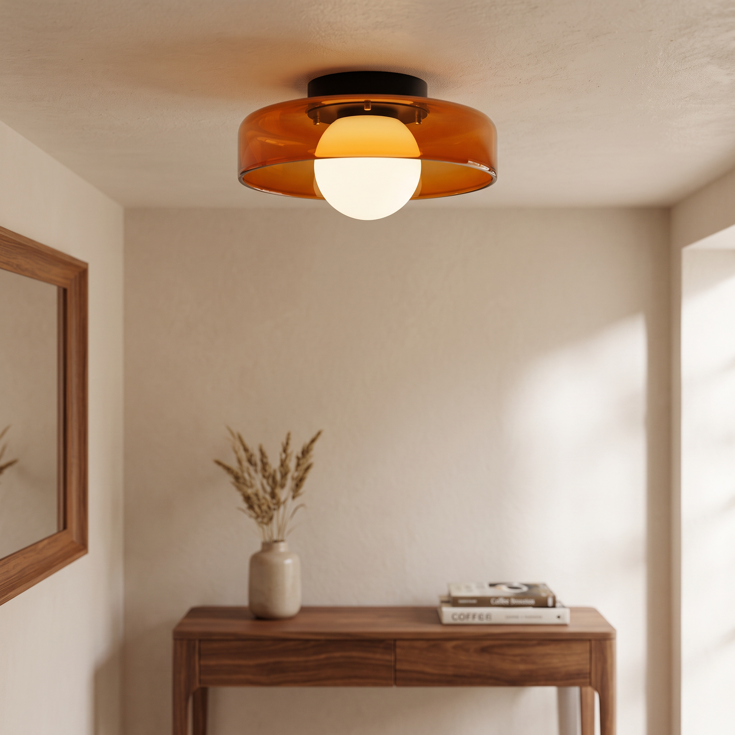 Orange glass ceiling light in an entryway