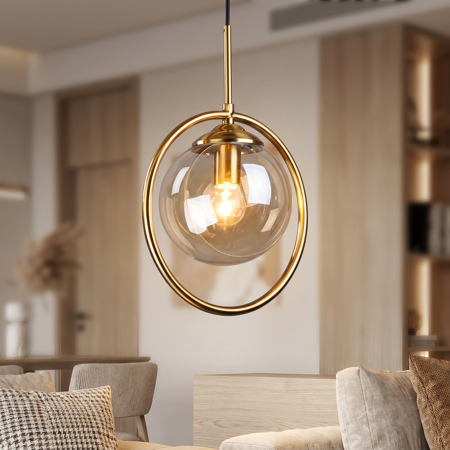 Glass pendant light shade and fitting detail