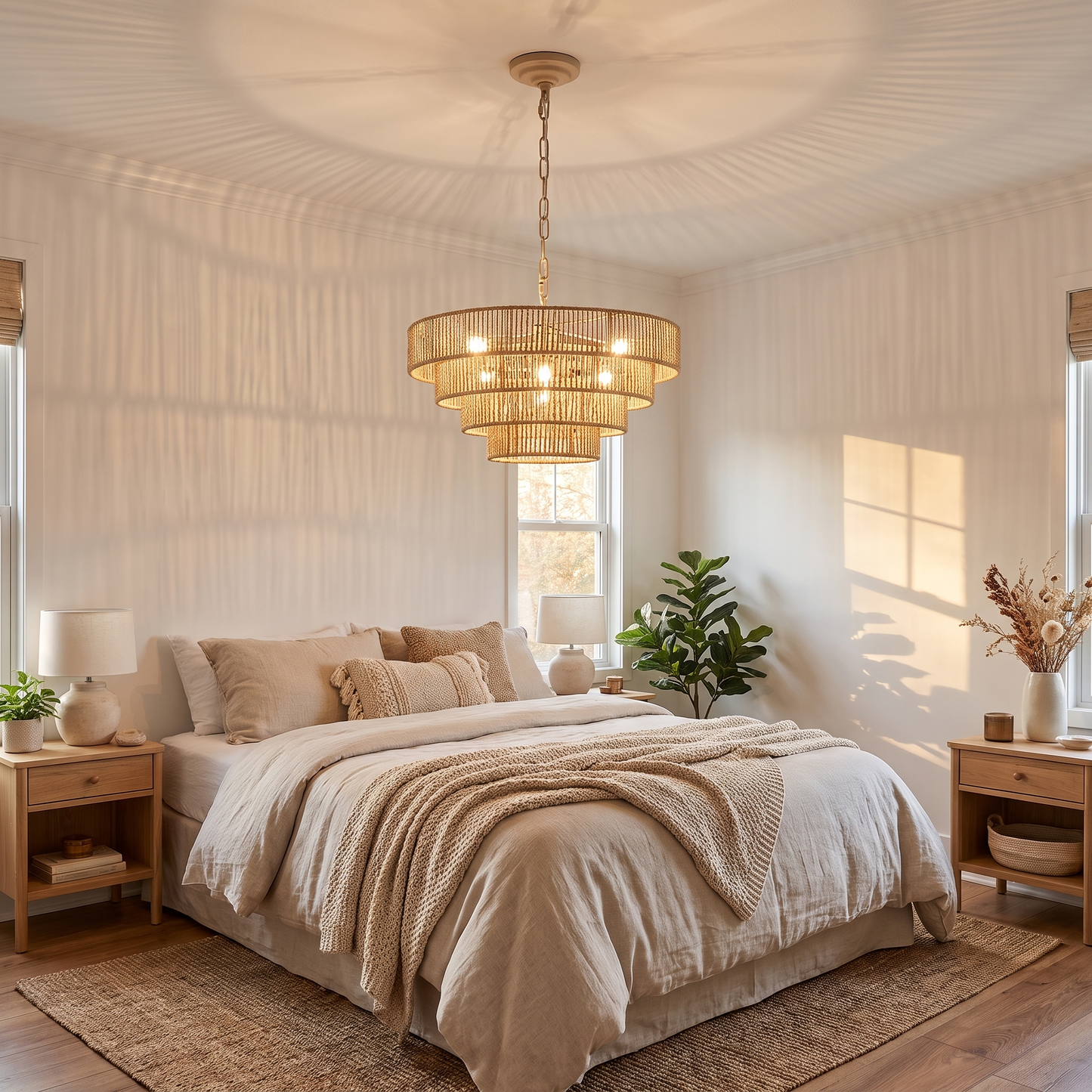 Rattan chandelier in a serene bedroom