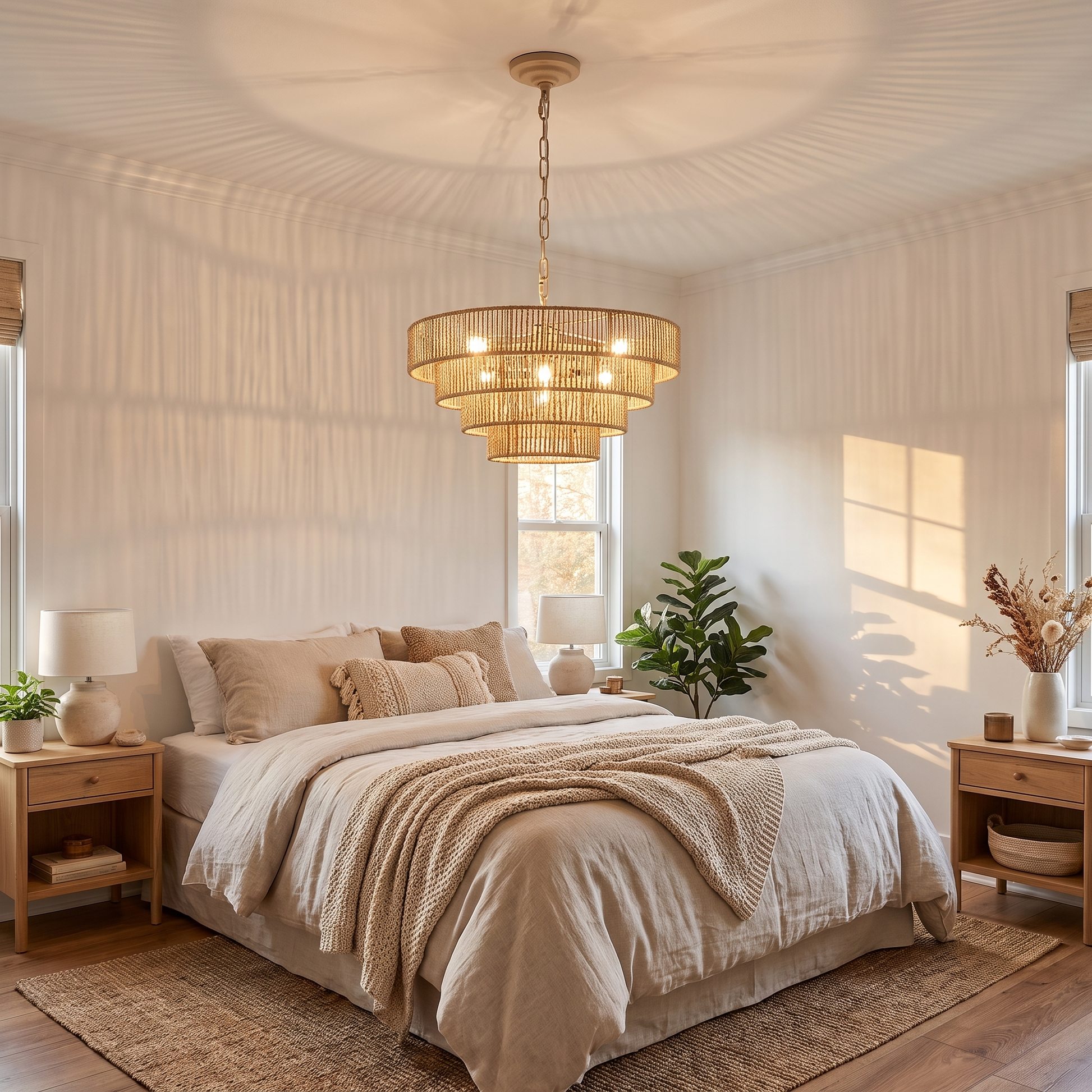 Rattan chandelier in a serene bedroom