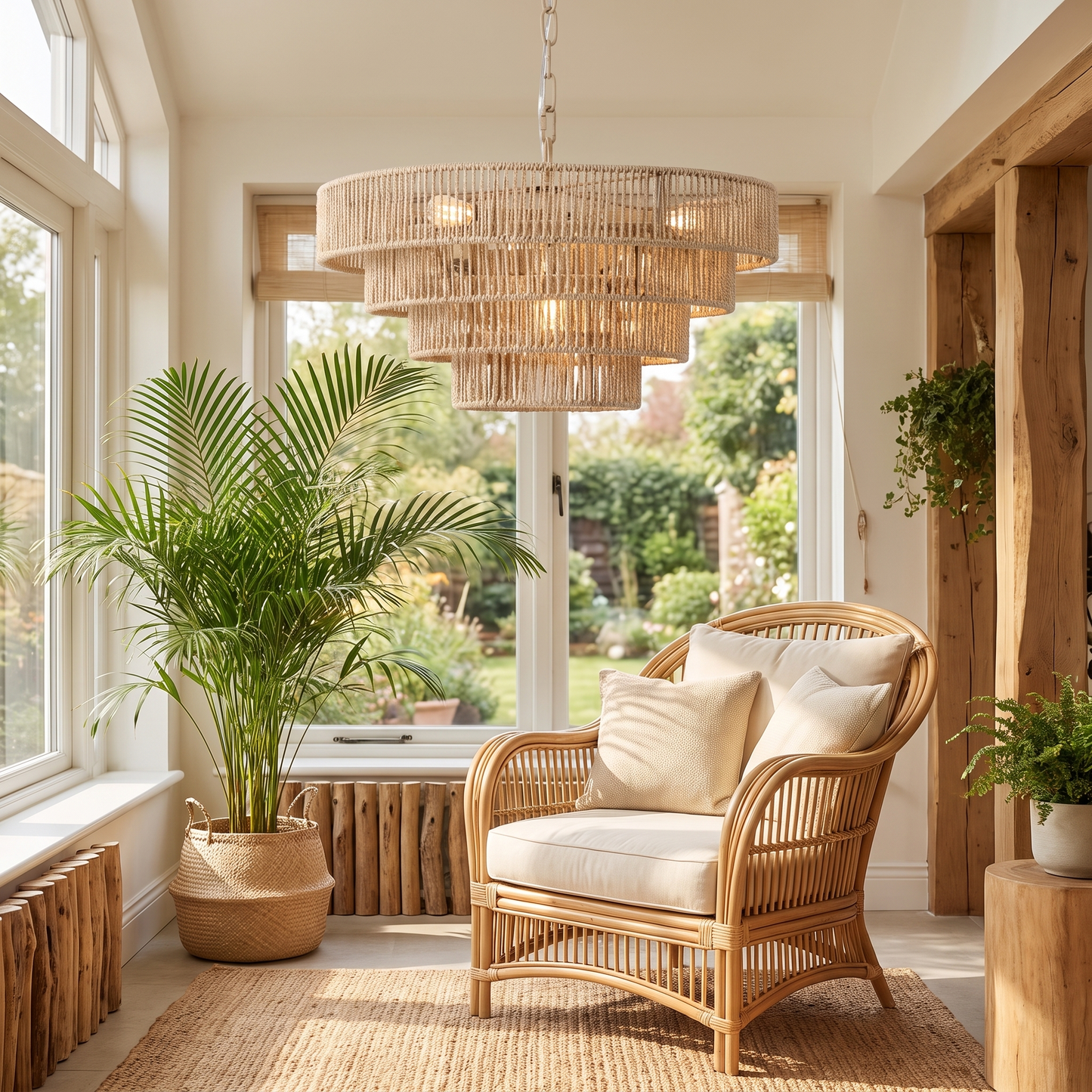 Rattan chandelier in a bright sunroom