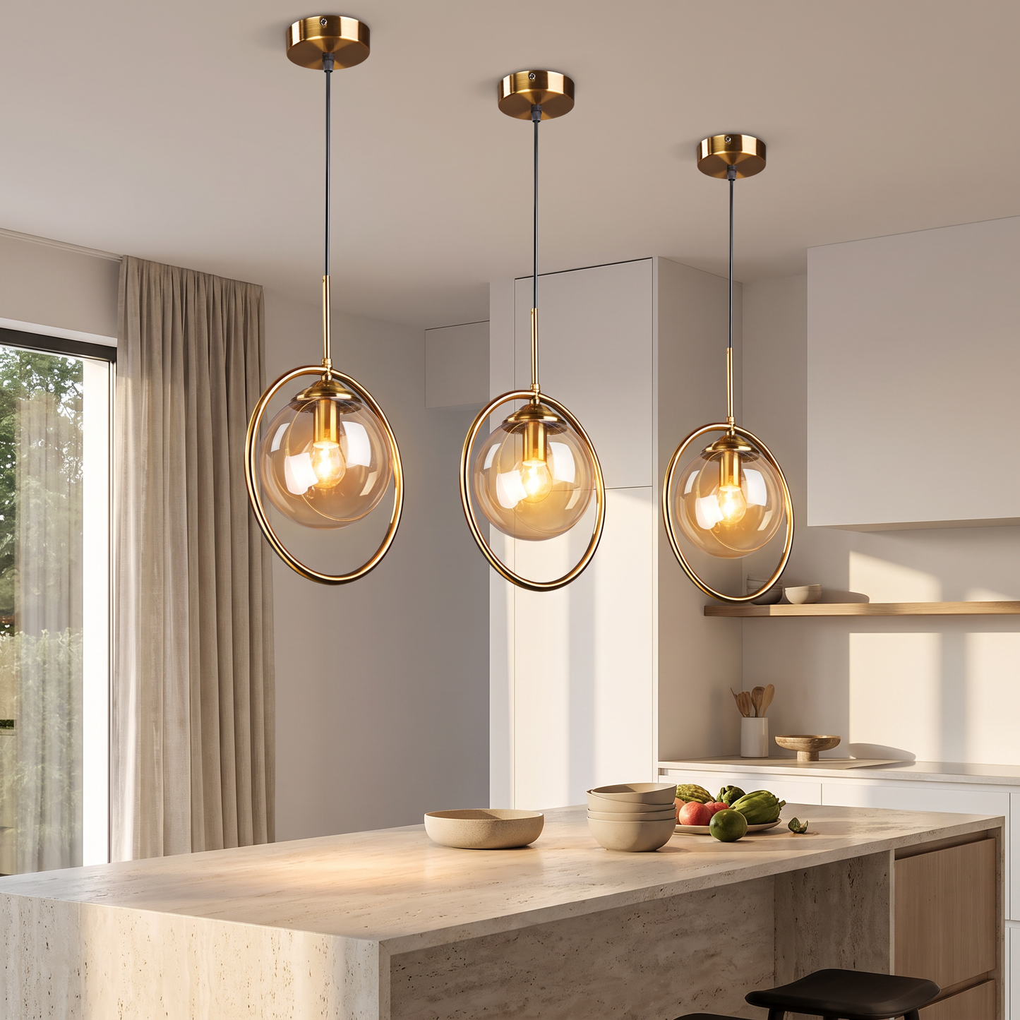 Amber glass pendant light above a kitchen island