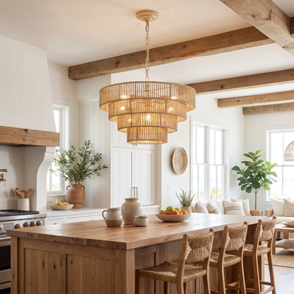 Rattan chandelier above a kitchen island