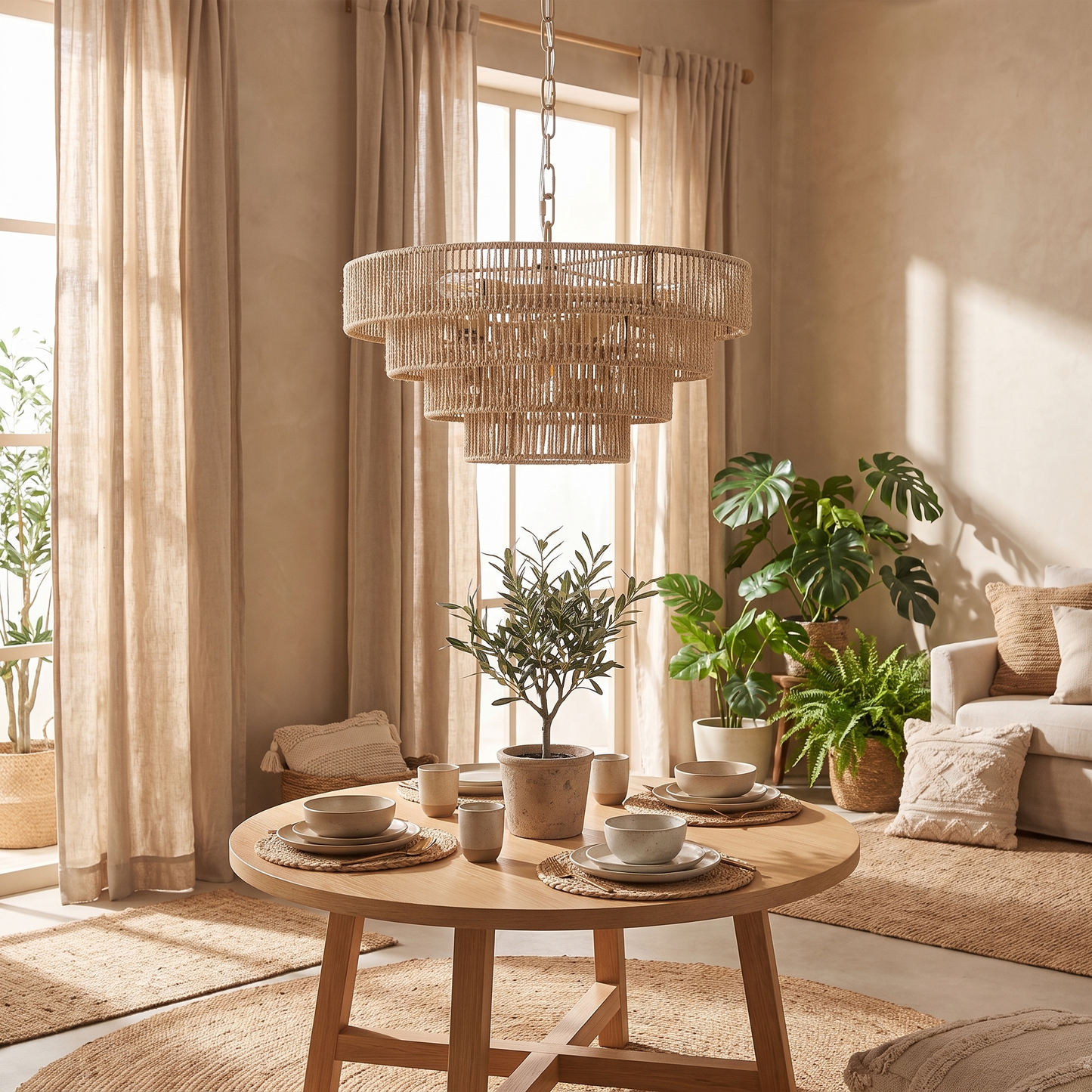 Bohemian woven rattan chandelier above a dining table