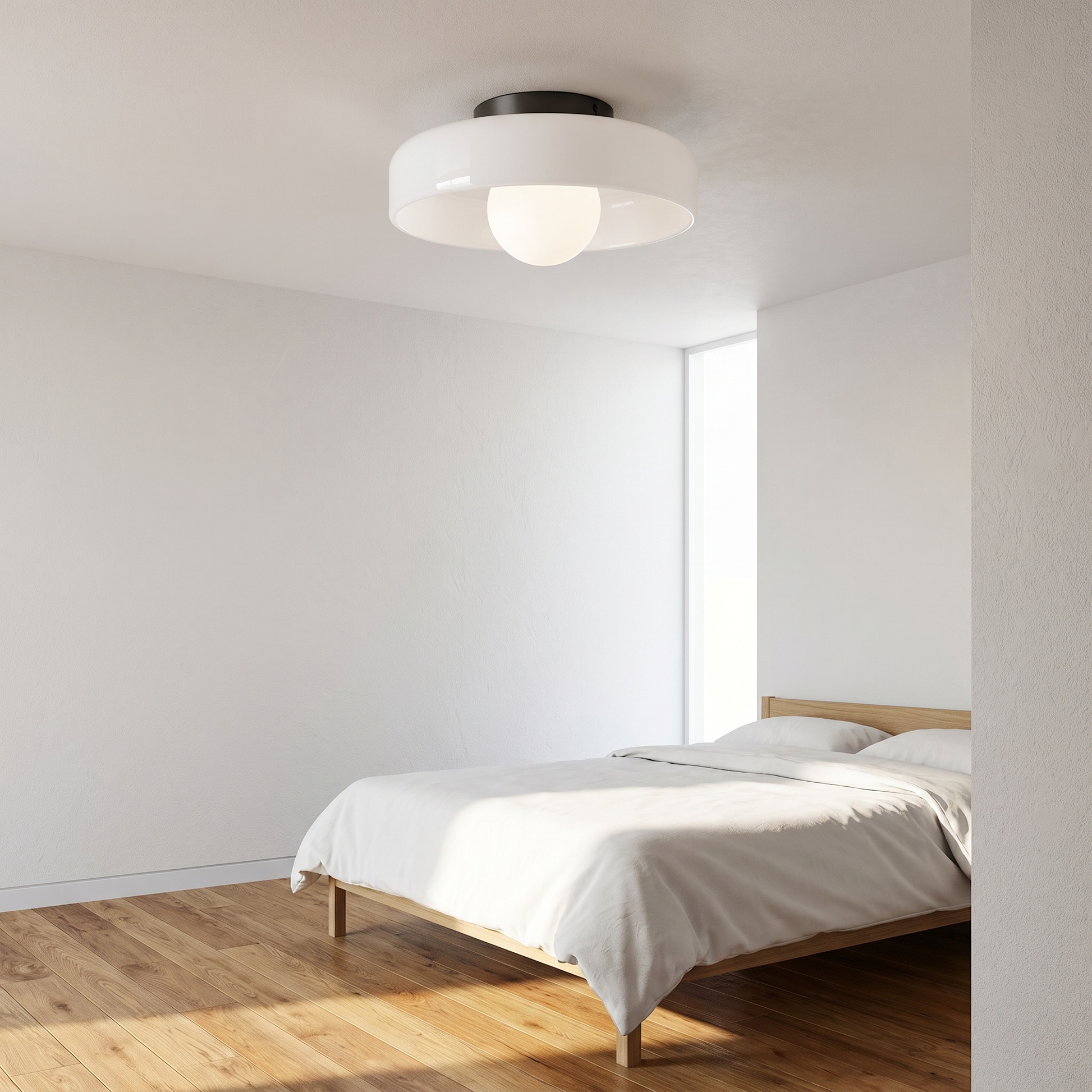 White glass ceiling light in a bright bedroom