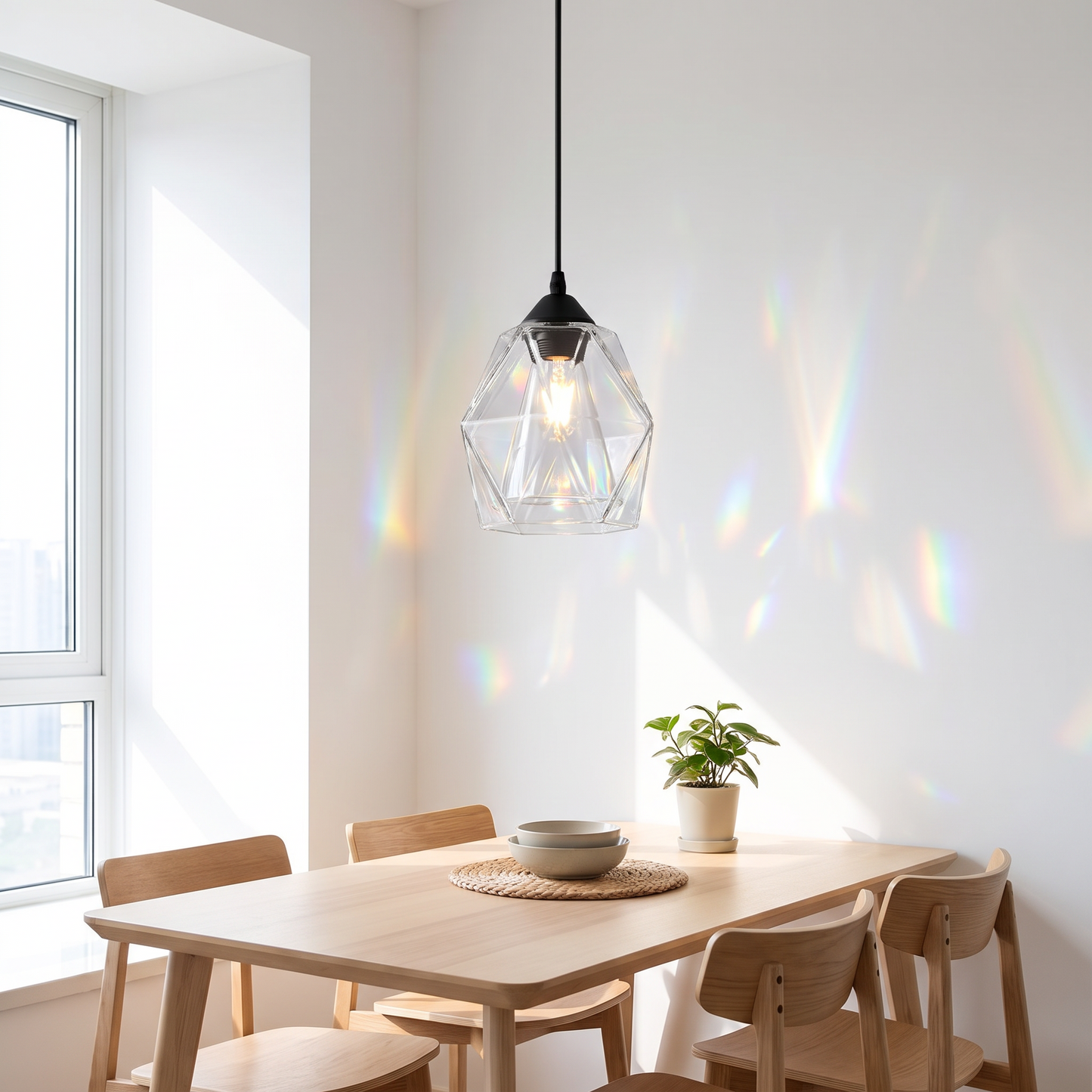 Clear geometric LED pendant light in a dining nook