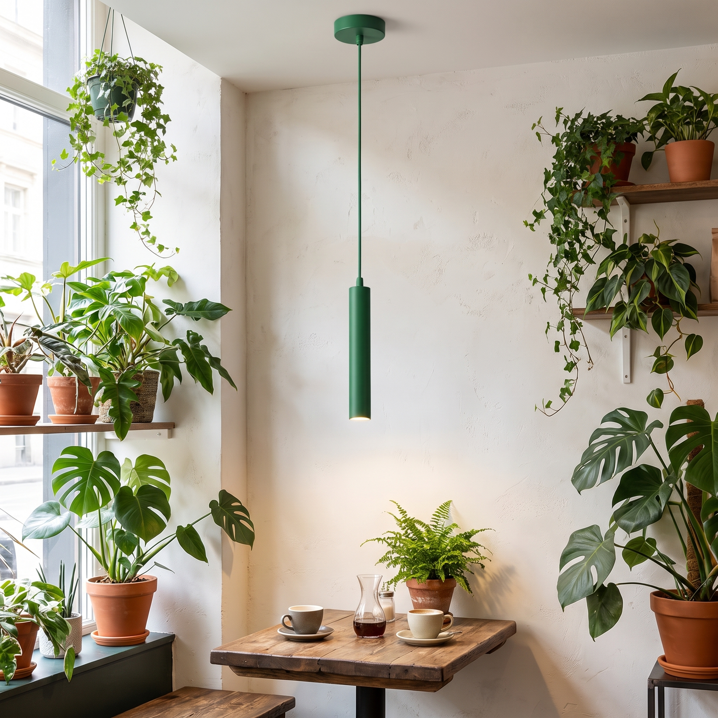Green geometric LED pendant light in a plant-filled corner