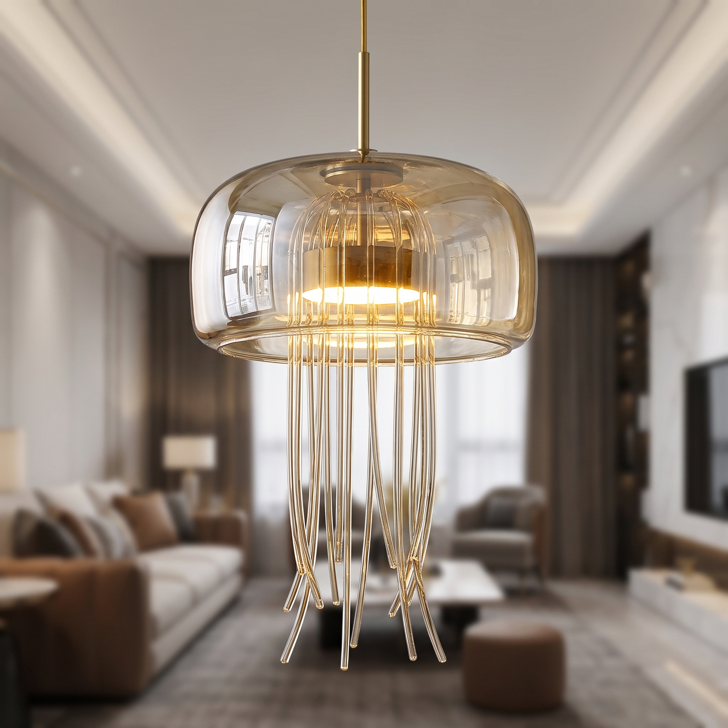 Glass jellyfish chandelier glass strand detail