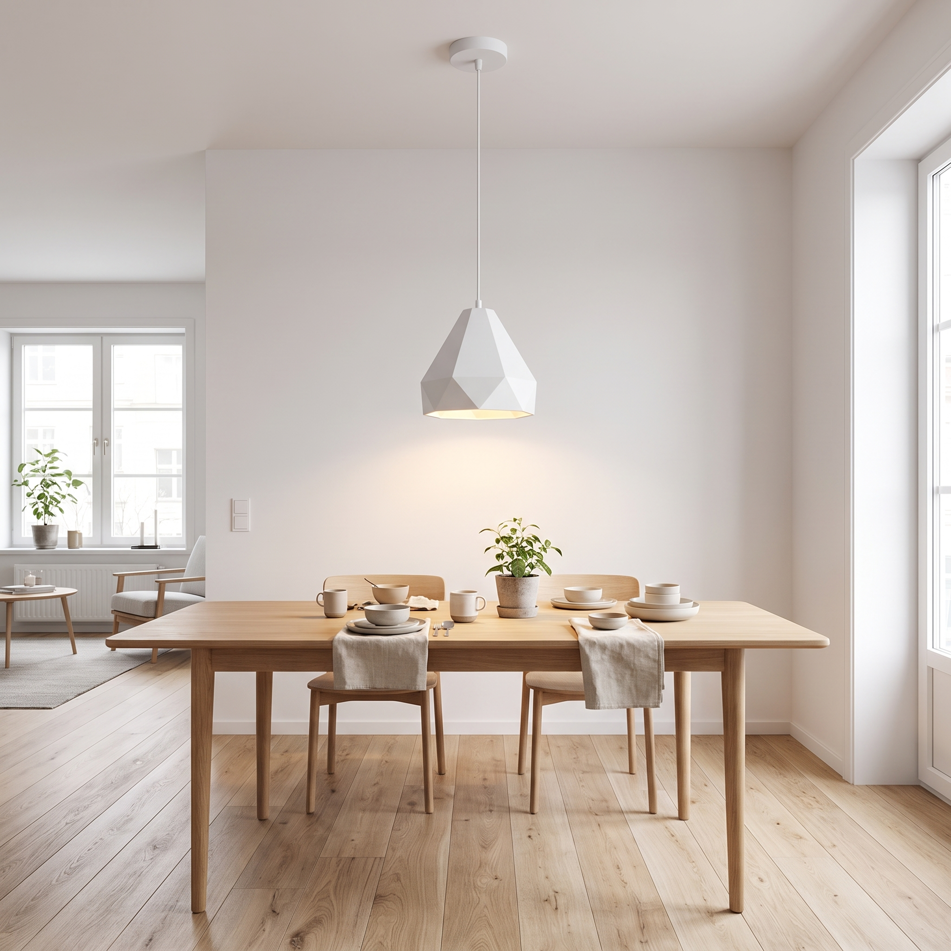 White geometric LED pendant light above a dining table
