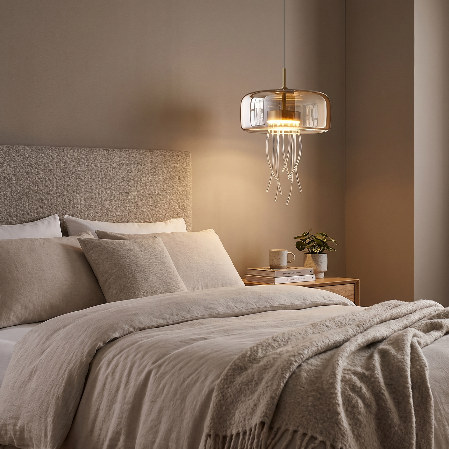 Glass jellyfish chandelier in a refined bedroom