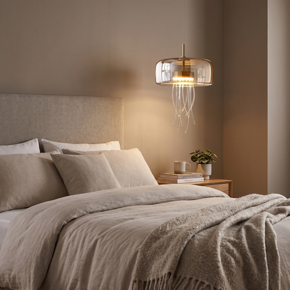 Glass jellyfish chandelier in a refined bedroom