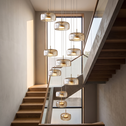 Glass jellyfish chandelier Type B cascading in a stairwell
