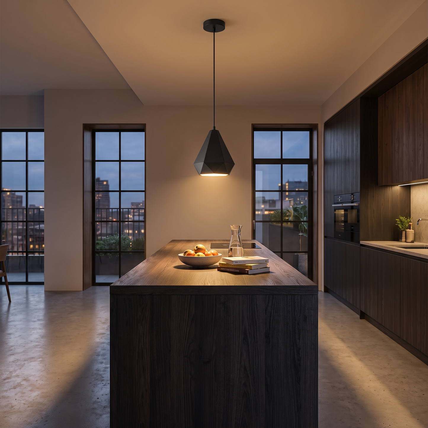 Black geometric LED pendant light above a kitchen island