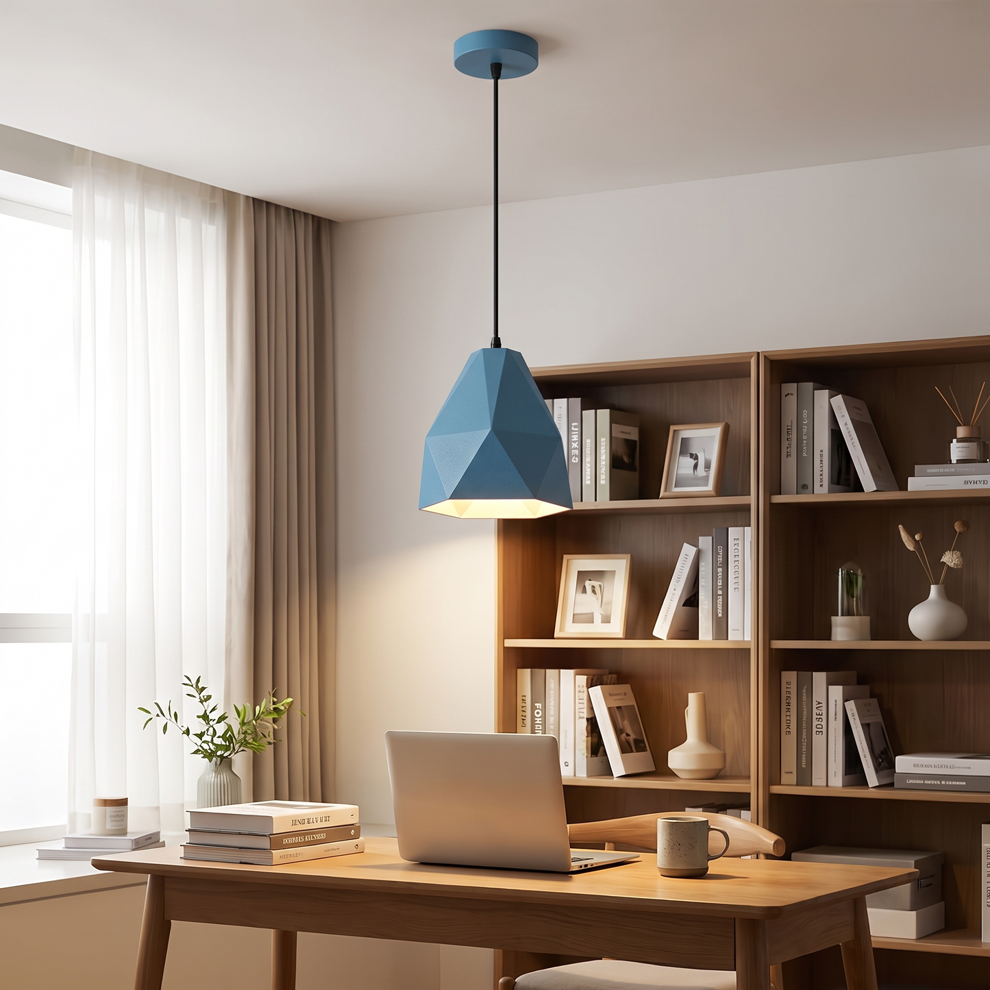 Blue geometric LED pendant light in a calm study