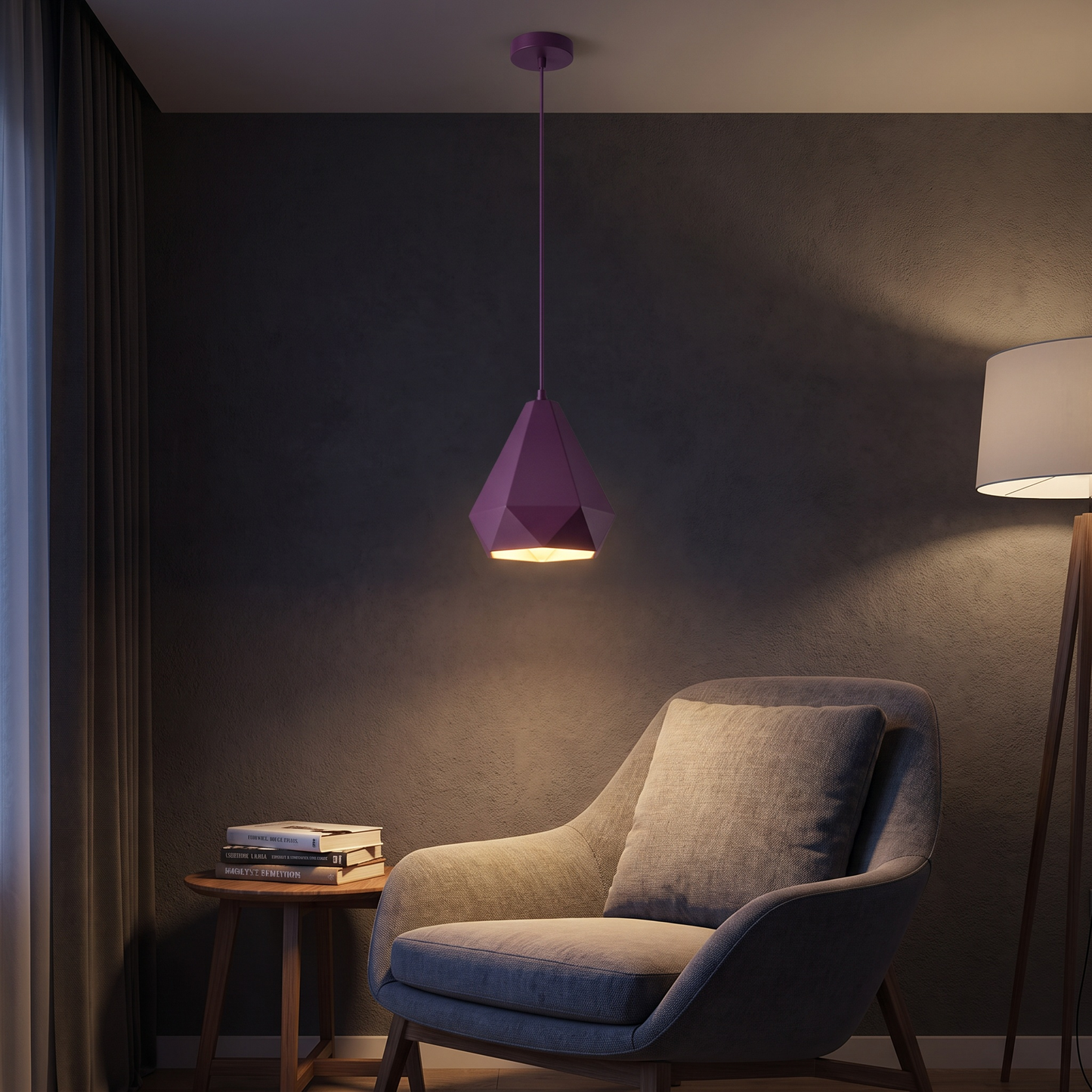 Purple geometric LED pendant light above a reading chair
